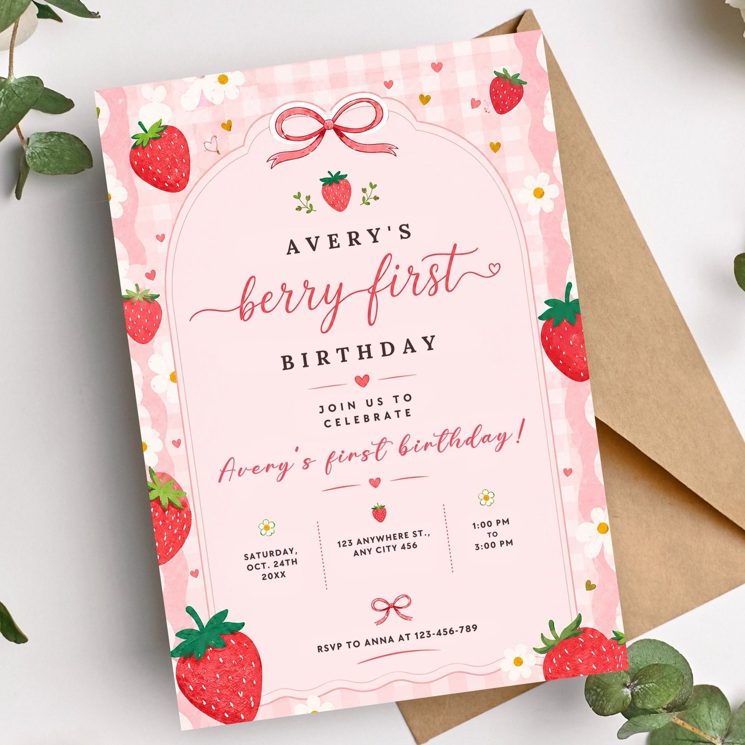 Strawberry First Birthday Invitation template editable in Canva, personalized Berry Sweet One birthday party invite digital download.