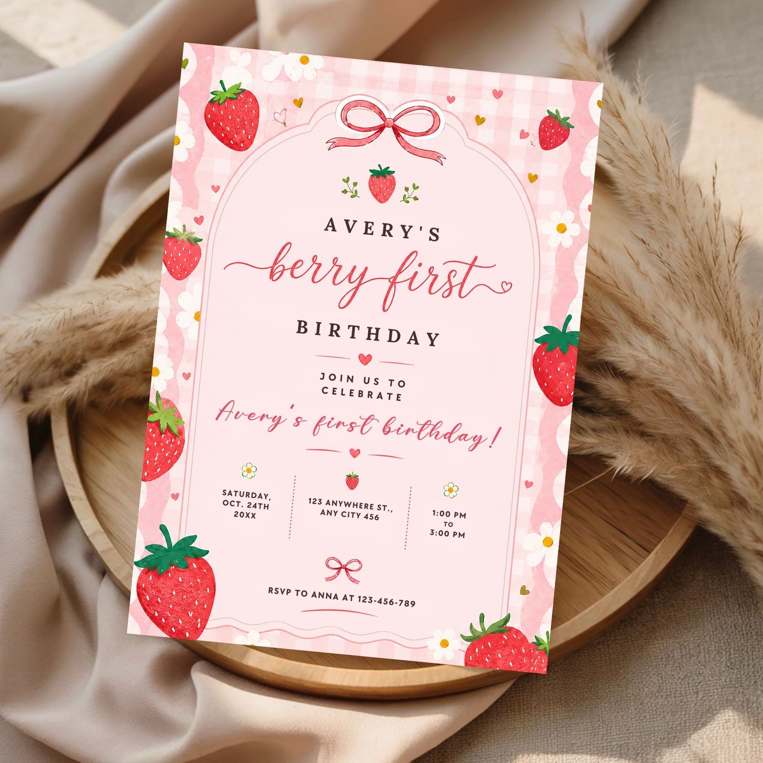 Berry First Birthday party invitation printable and digital Canva template, strawberry-themed first birthday invitation for girls.