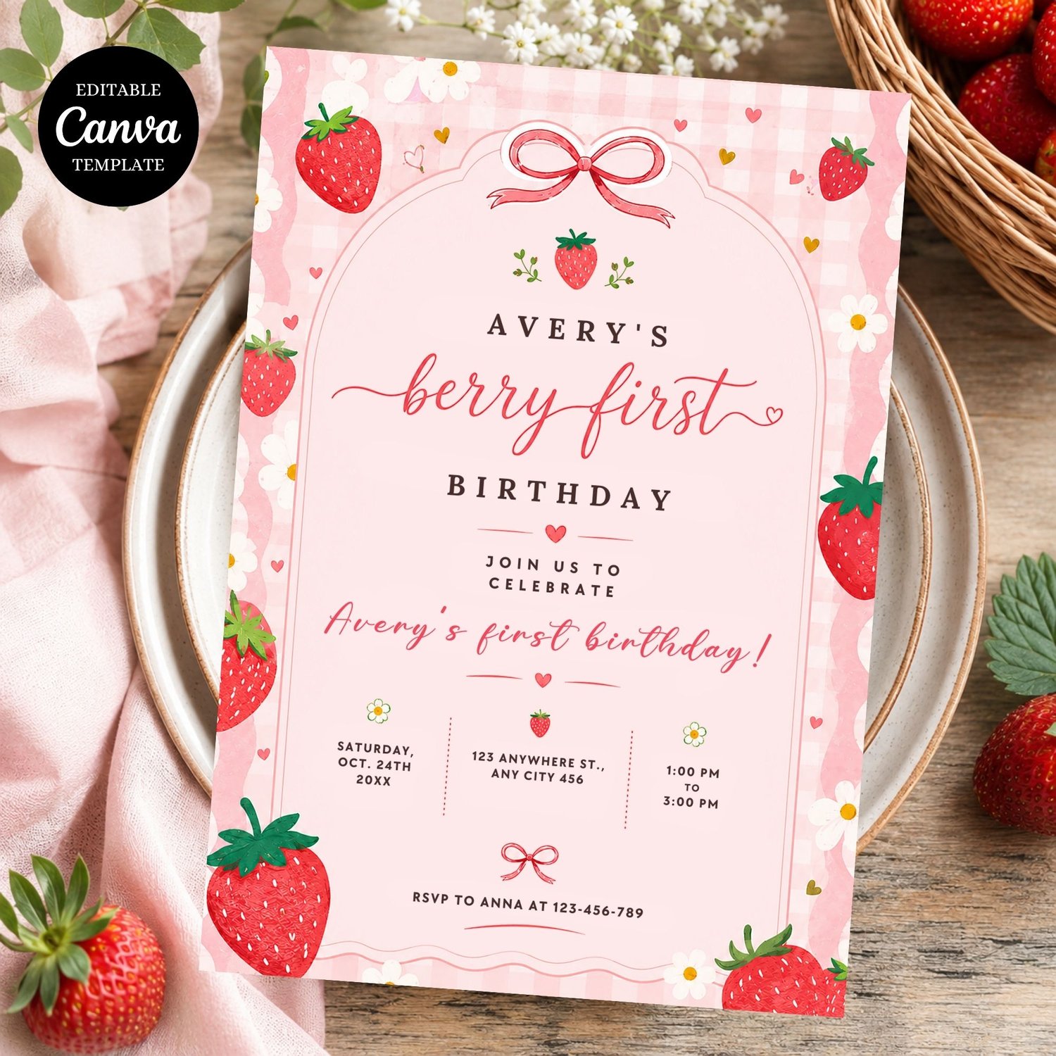 Berry First Birthday Invitation Template featuring a sweet strawberry theme, editable Canva birthday invite for a girl's first birthday party.
