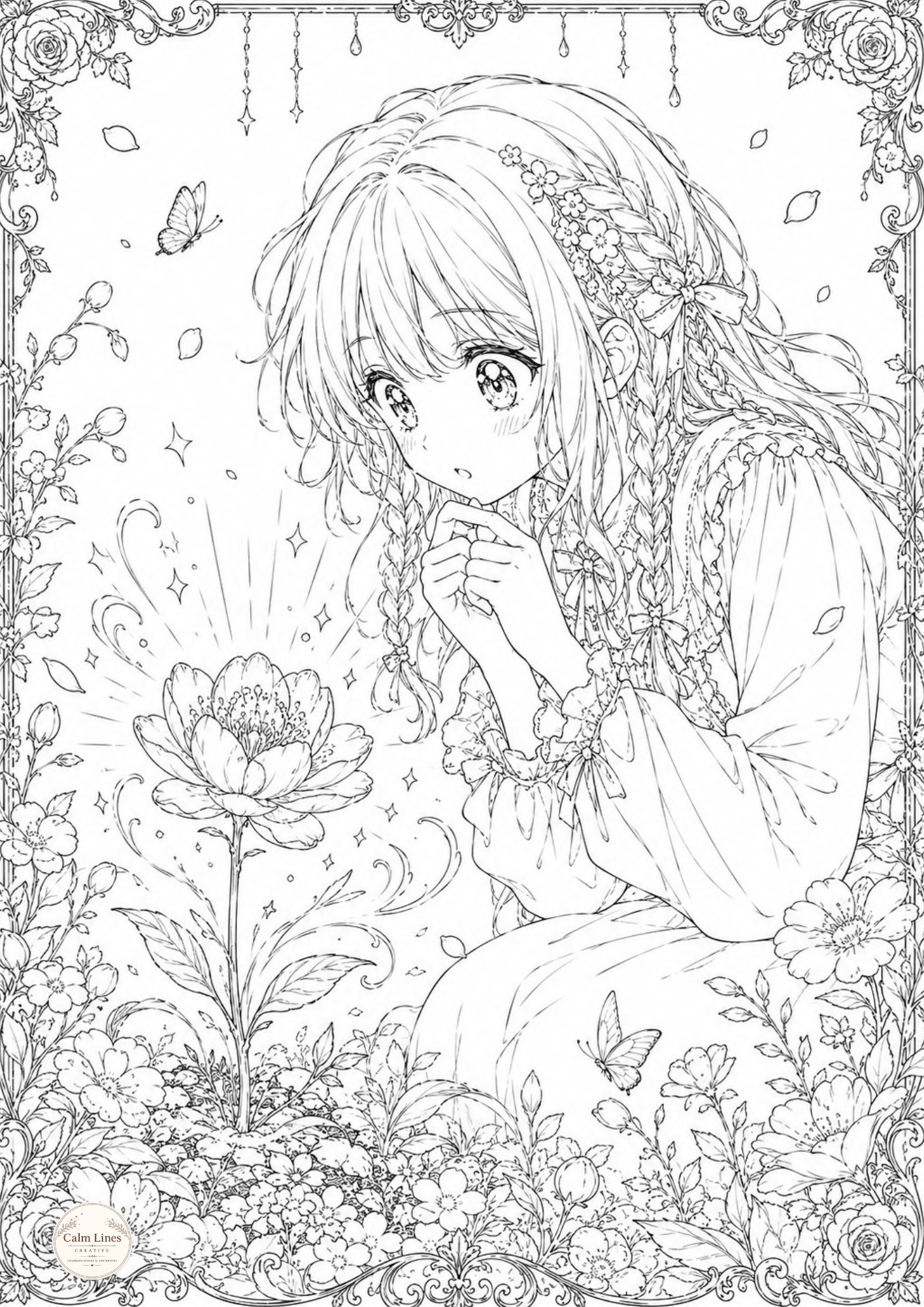 Dreamy girl coloring page surrounded by blooming flowers, leaves and delicate botanical details from Feelings in Bloom adult coloring book.