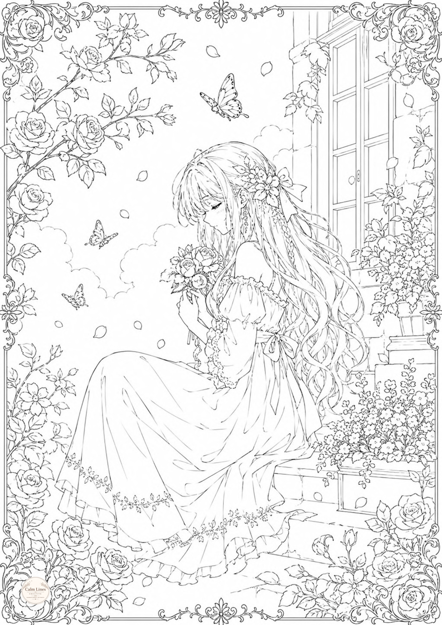 Romantic girl coloring page sitting among blooming roses, butterflies and delicate floral details in a dreamy garden scene from Feelings in Bloom adult coloring book.