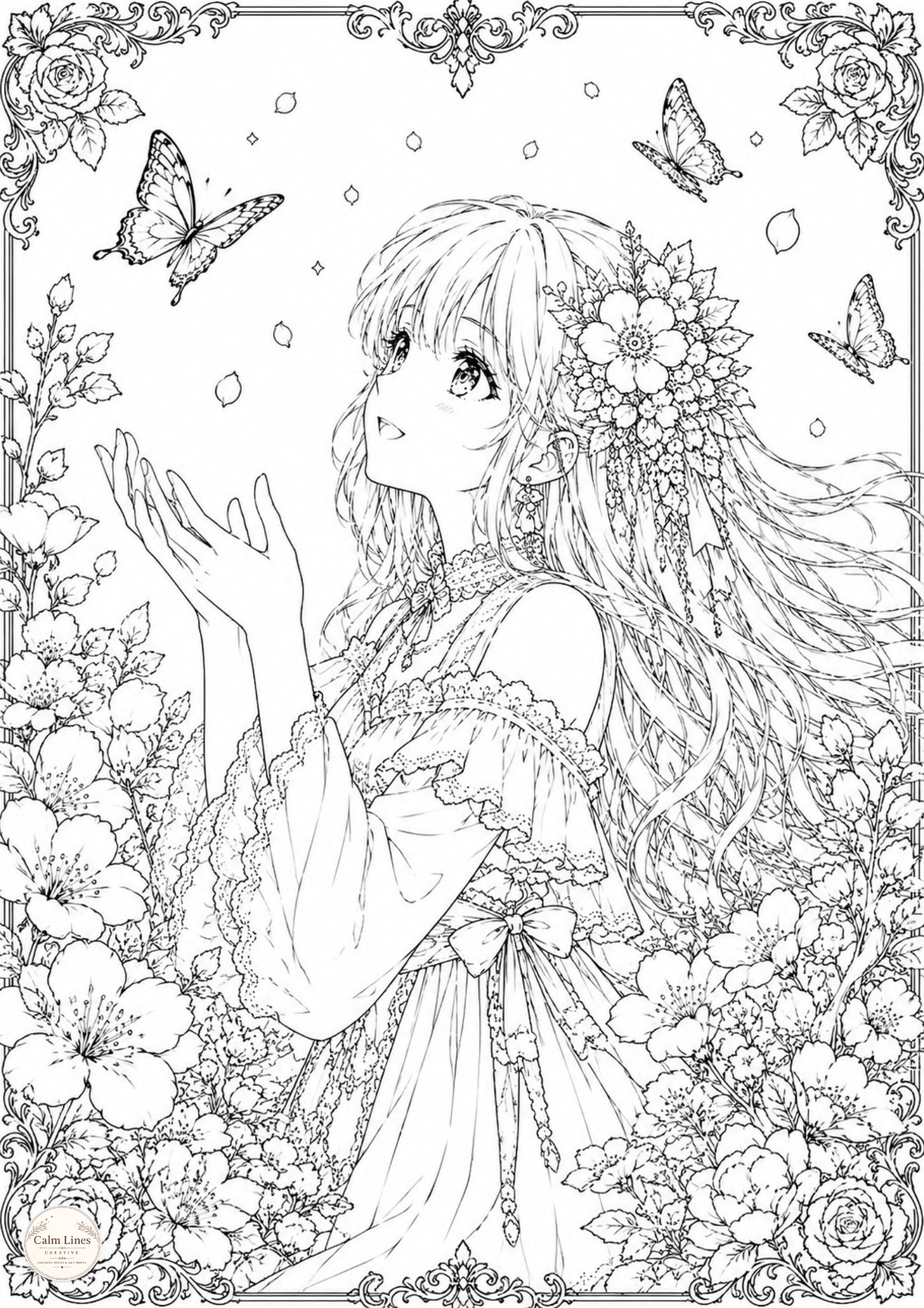Anime-inspired girl coloring page with long flowing hair, butterflies, falling petals and a detailed floral garden border from Feelings in Bloom adult coloring book.