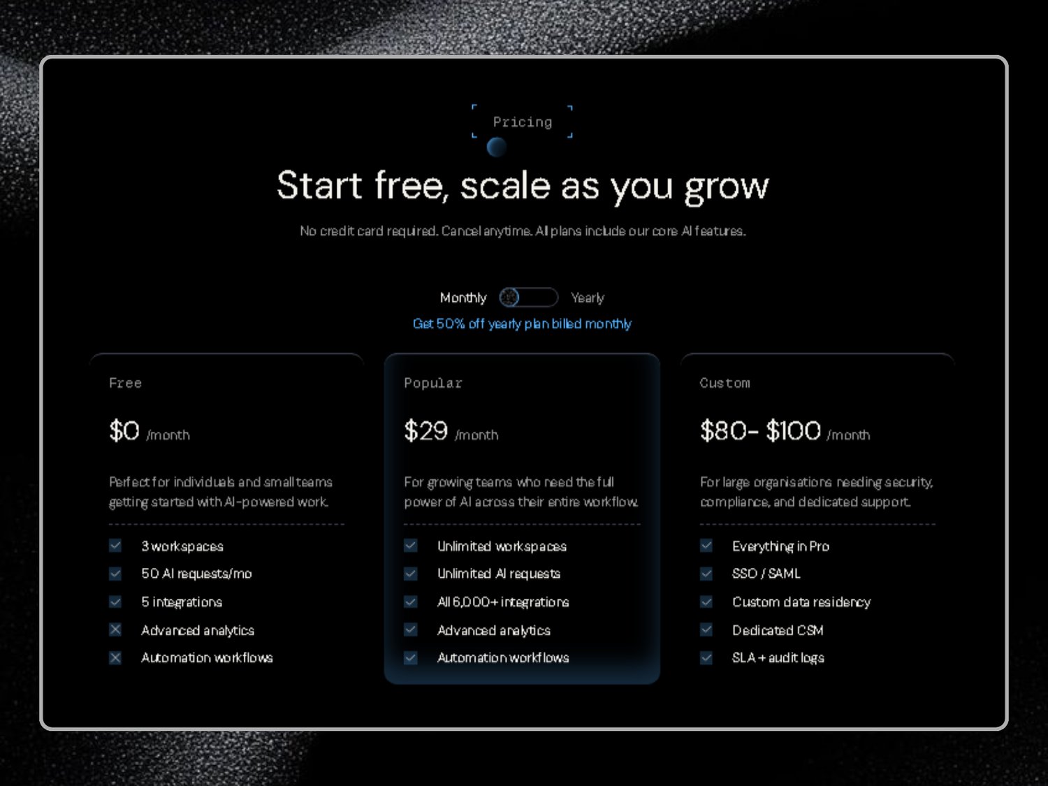 pricing section of a saas website made in framer