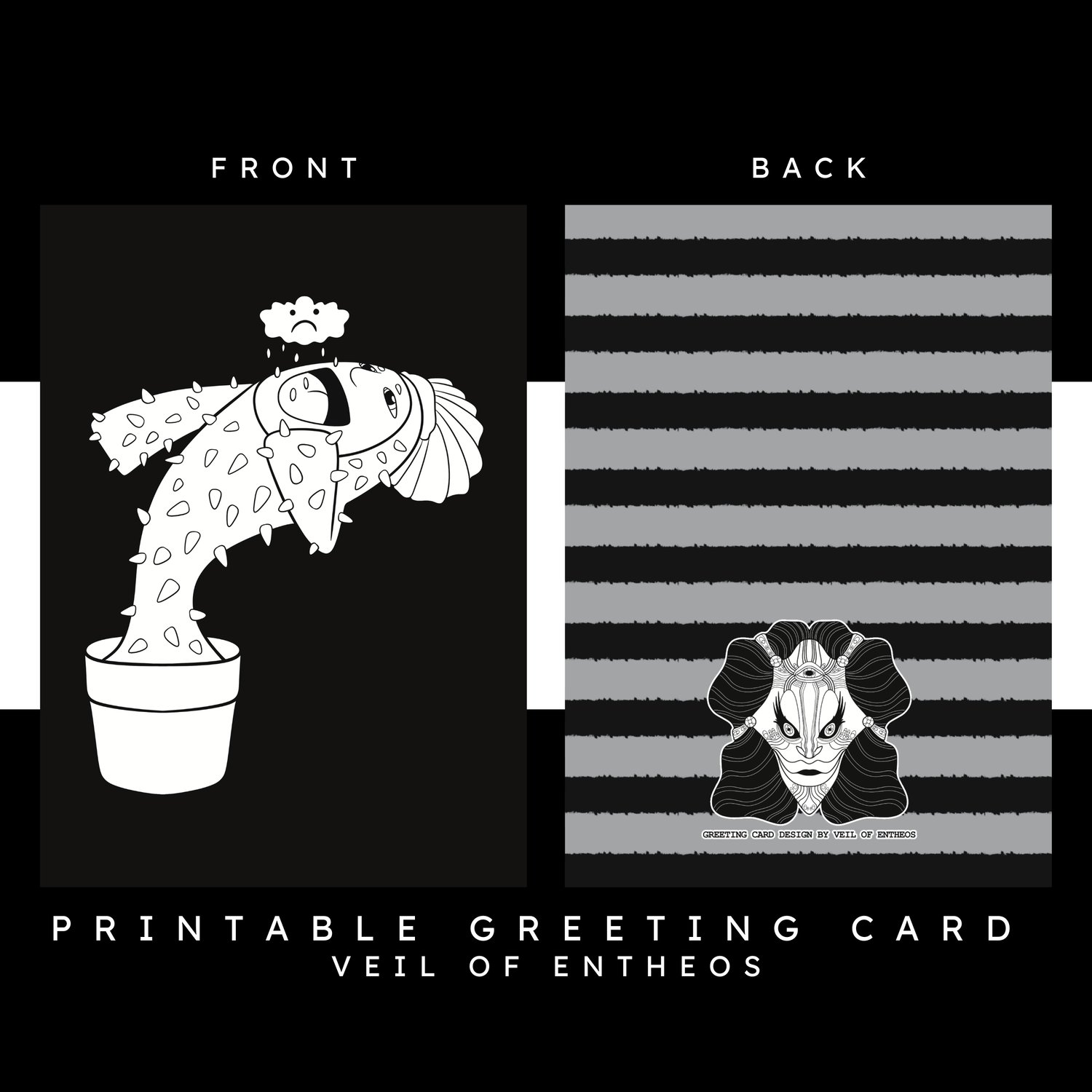 A printable greeting card by Veil of Entheos that features a cactus drinking rain from a frowning cloud.