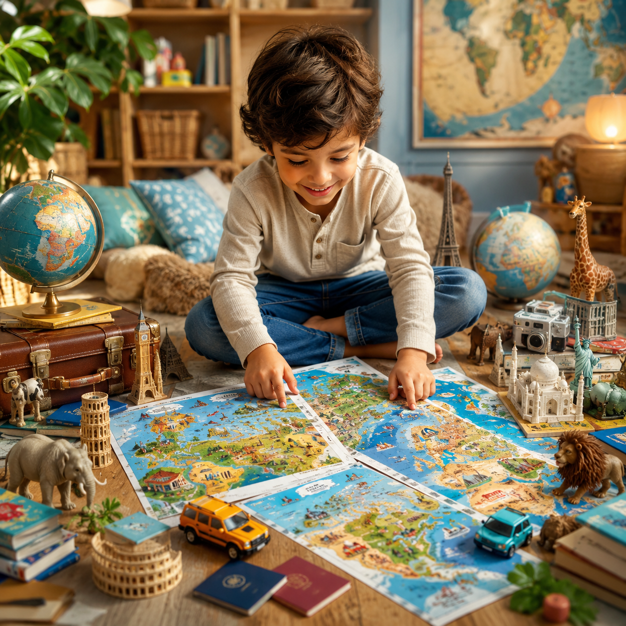 A joyful young child sitting on the floor exploring colorful AI-generated road trip maps from different countries. Around the child are miniature famous landmarks, cute animals, globes, toy cars, passports, travel stickers, and educational books creating a magical learning atmosphere. Bright vibrant colors, cozy home learning environment, inspiring educational adventure theme, highly detailed realistic illustration, premium quality, square 1:1 format, no text, no watermark.