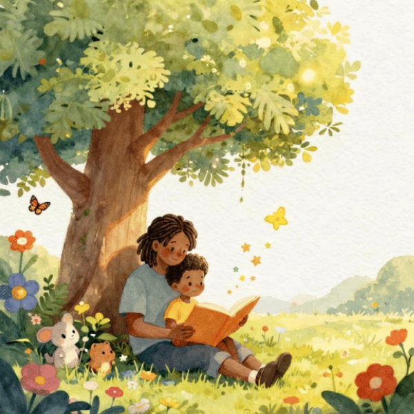 A heartwarming children's reading scene featuring a parent and child enjoying a storybook beneath a large tree. This whimsical illustration celebrates the joy of reading, storytelling, imagination, literacy development, family bonding, and a love of child