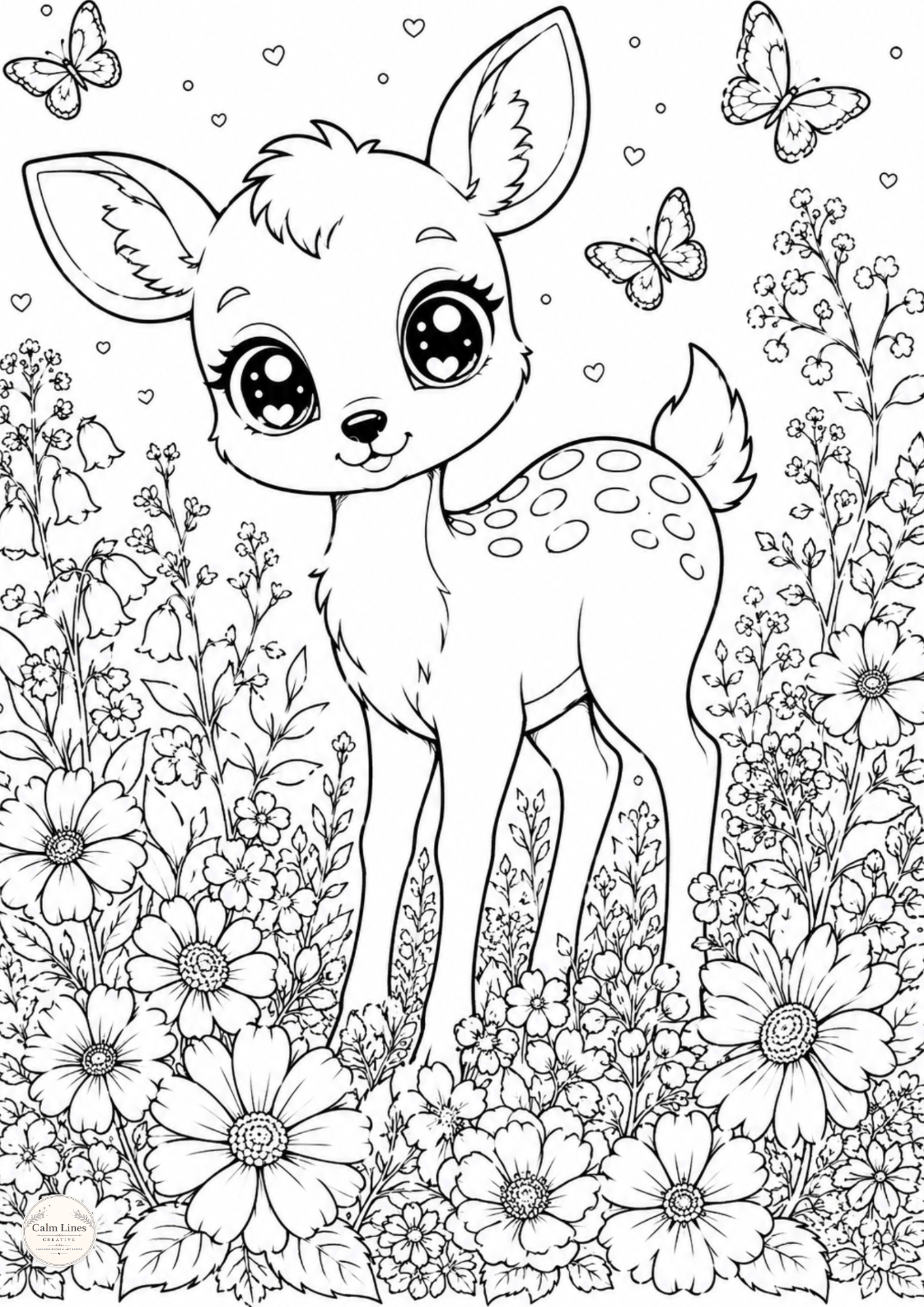 Cute kawaii baby deer coloring page standing in a meadow filled with flowers, butterflies and tiny hearts.
