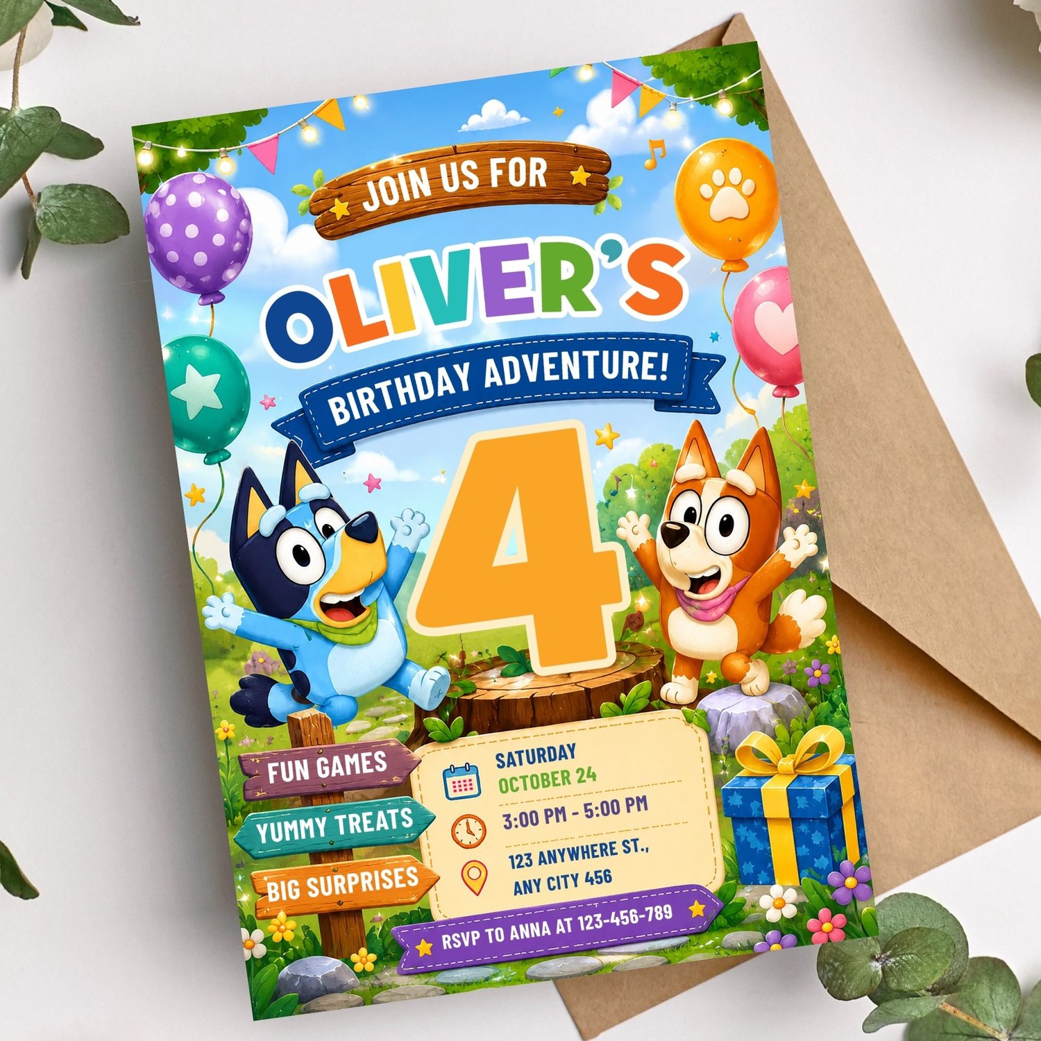 Personalized Bluey-inspired birthday invitation template that can be edited in Canva and printed at home or professionally.