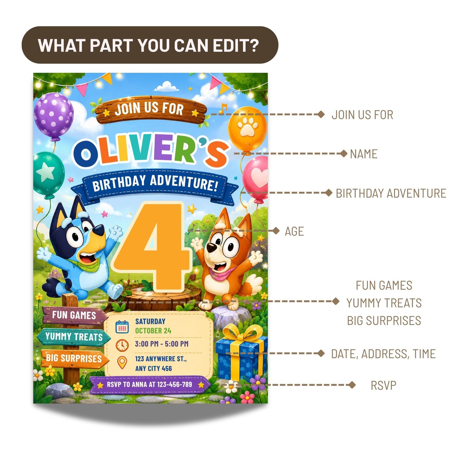 Digital Bluey-inspired birthday party invite featuring a playful design, suitable for instant download and easy customization.