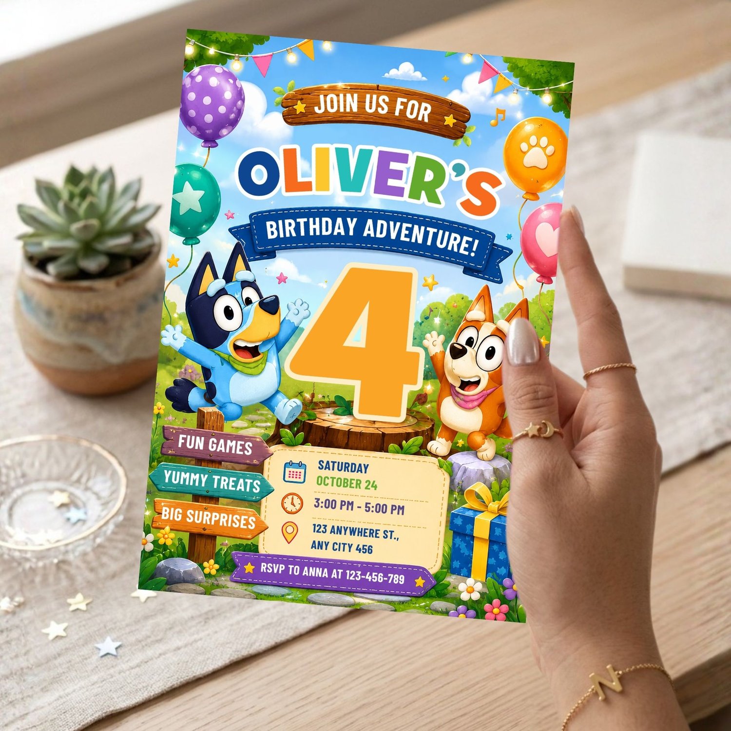Printable Bluey-inspired birthday party invitation with colorful cartoon-style design for children’s celebrations.”