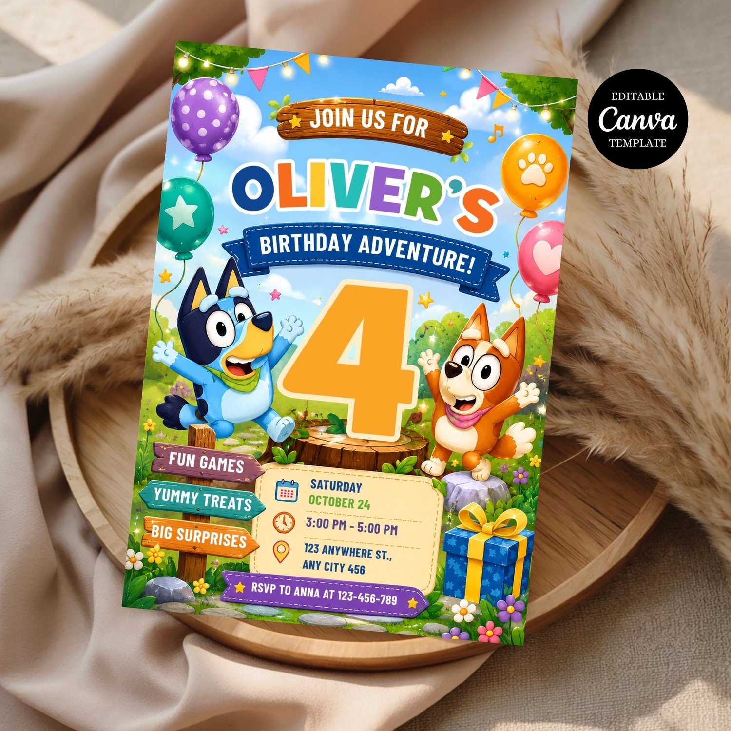 Editable Bluey-inspired birthday invitation template designed in Canva for a kids birthday party, available as an instant digital download.