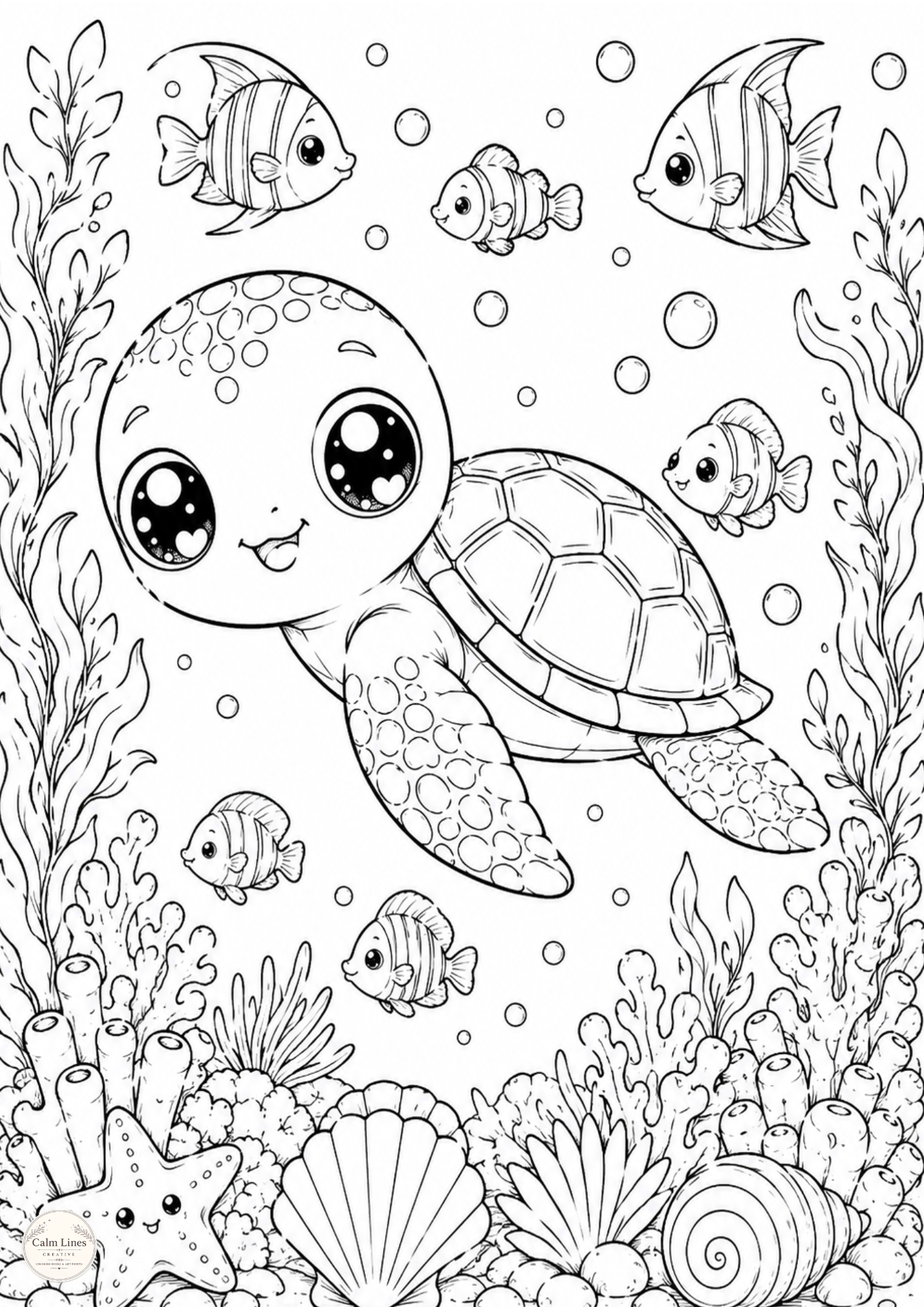 Cute kawaii sea turtle coloring page swimming underwater with small fish, bubbles, coral and sea plants.