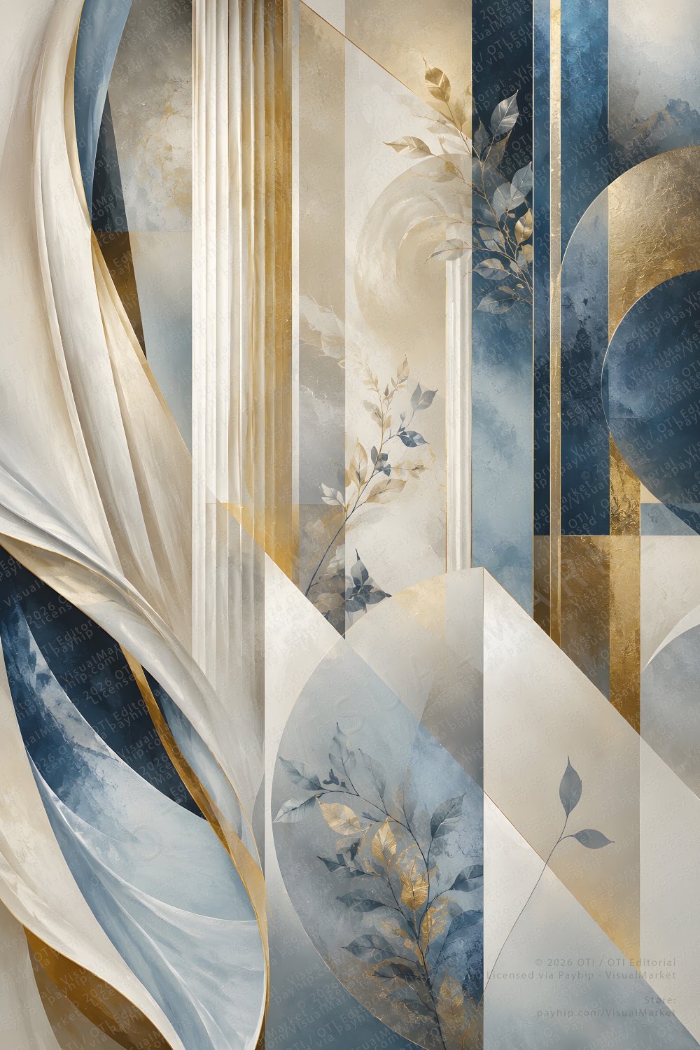 Luxury abstract floral artworks blending soft botanical forms, sculptural petals, Art Deco geometry, marble-textured surfaces and warm neutrals,