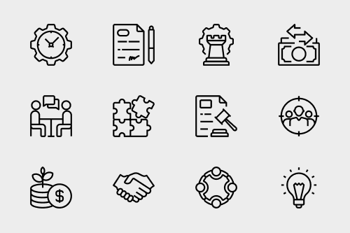Business Icons Collection featuring professional icons for finance, management, marketing, strategy, and corporate design.