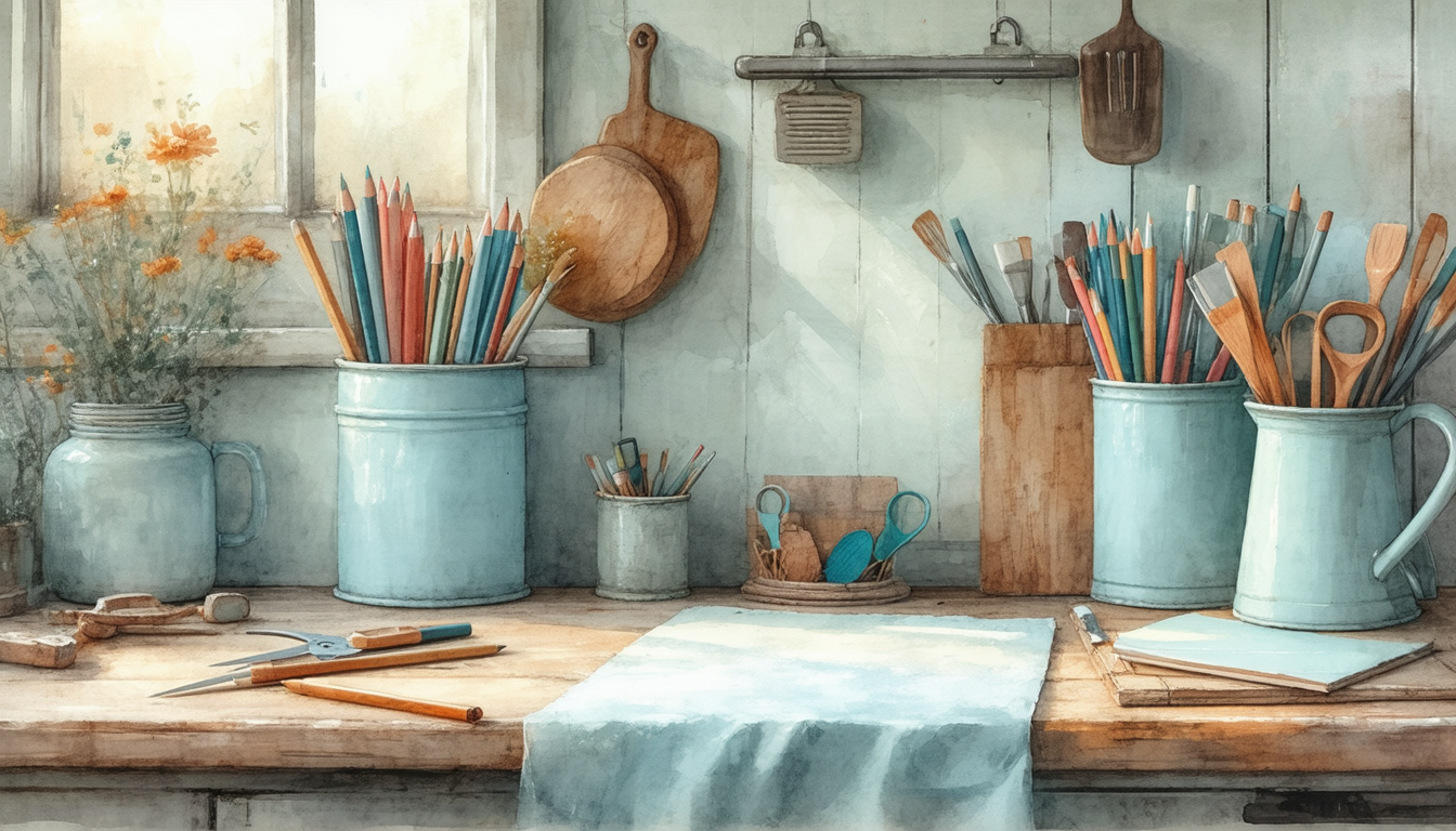 desk with pencils and items