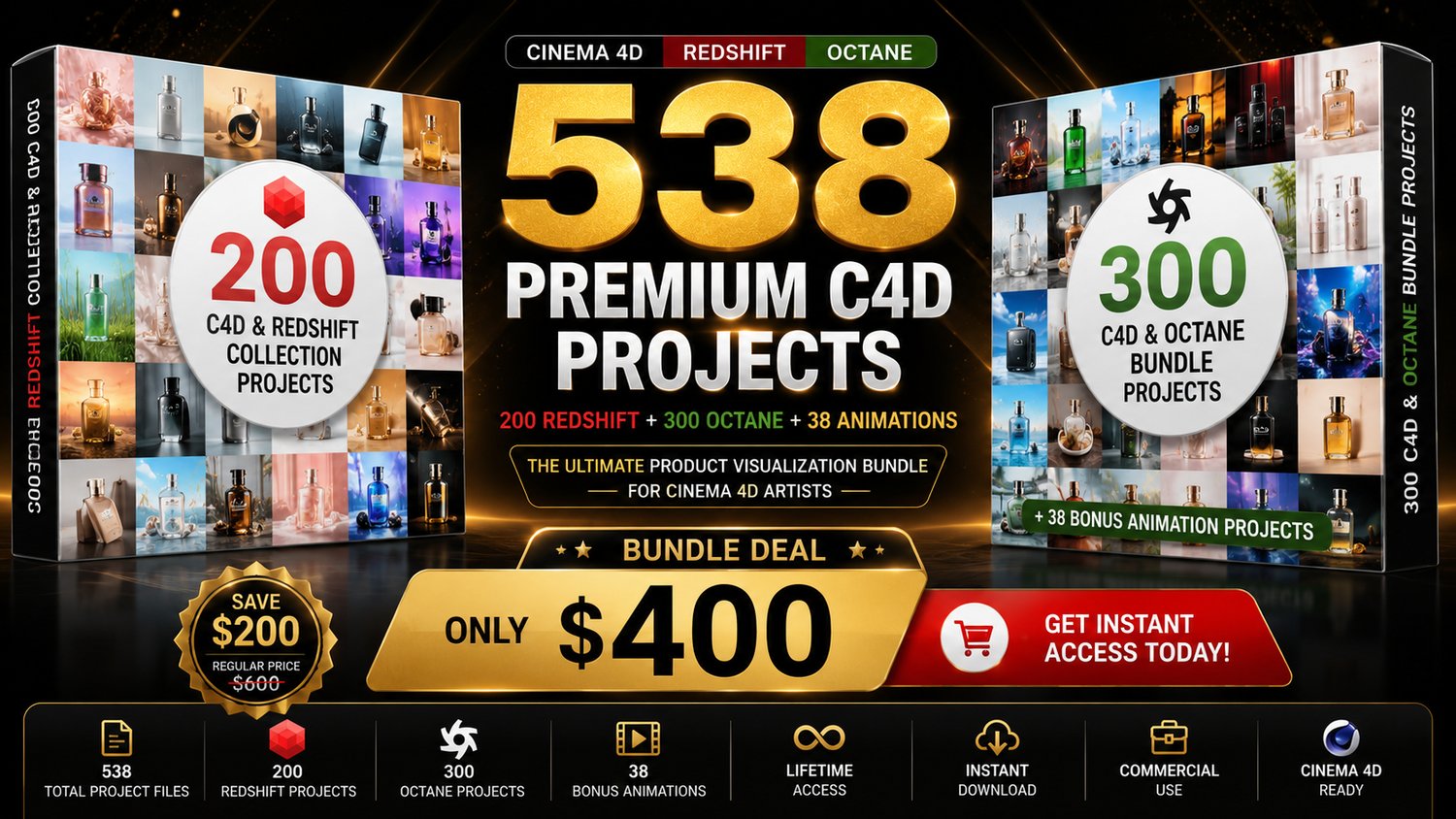 CB3D Premium Cinema 4D Product Visualization Bundle featuring 538 professional project files including 200 Redshift product visualization scenes, 300 Octane render projects, and 38 bonus animation files. Ready-to-use C4D projects with professional lighting setups, high-quality materials, textures, commercial product rendering examples, and advanced product advertising scenes. Perfect for Cinema 4D artists, motion designers, freelancers, creative studios, and product visualization professionals looking to improve rendering skills and accelerate workflow.