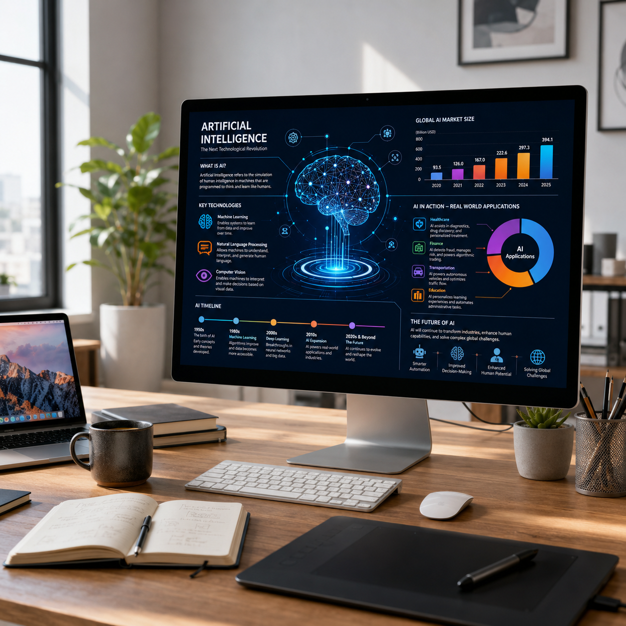 AI infographic generator creating a professional infographic design on a modern desktop workspace
