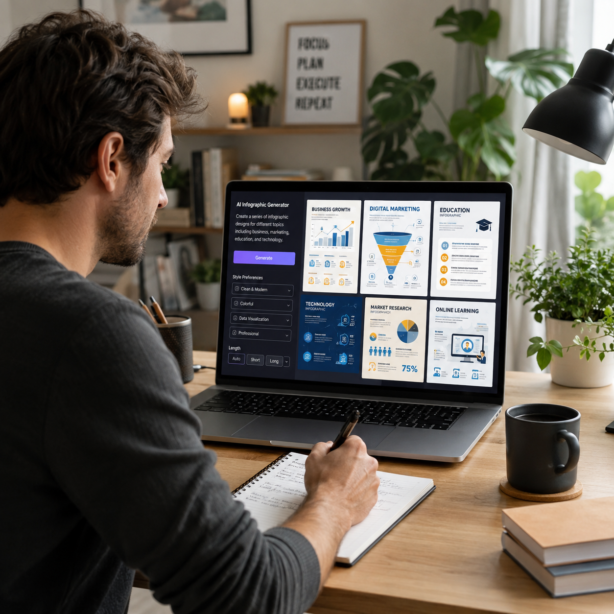 Content creator using an AI infographic prompt to generate professional infographic designs