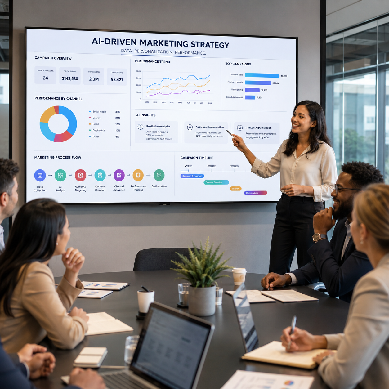 Professional infographic design being presented during a modern business meeting