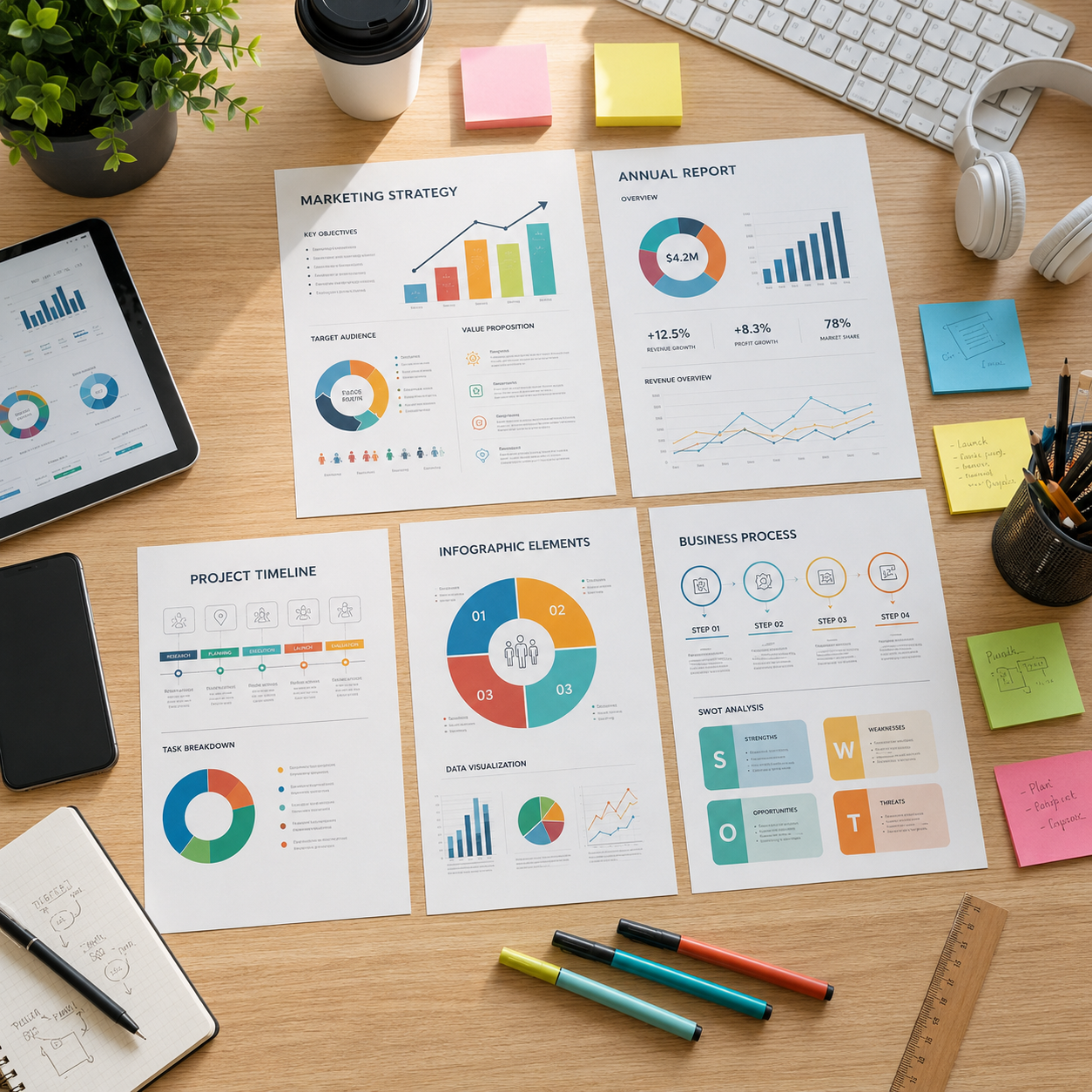 AI infographic design printed on paper with creative office supplies on a wooden desk