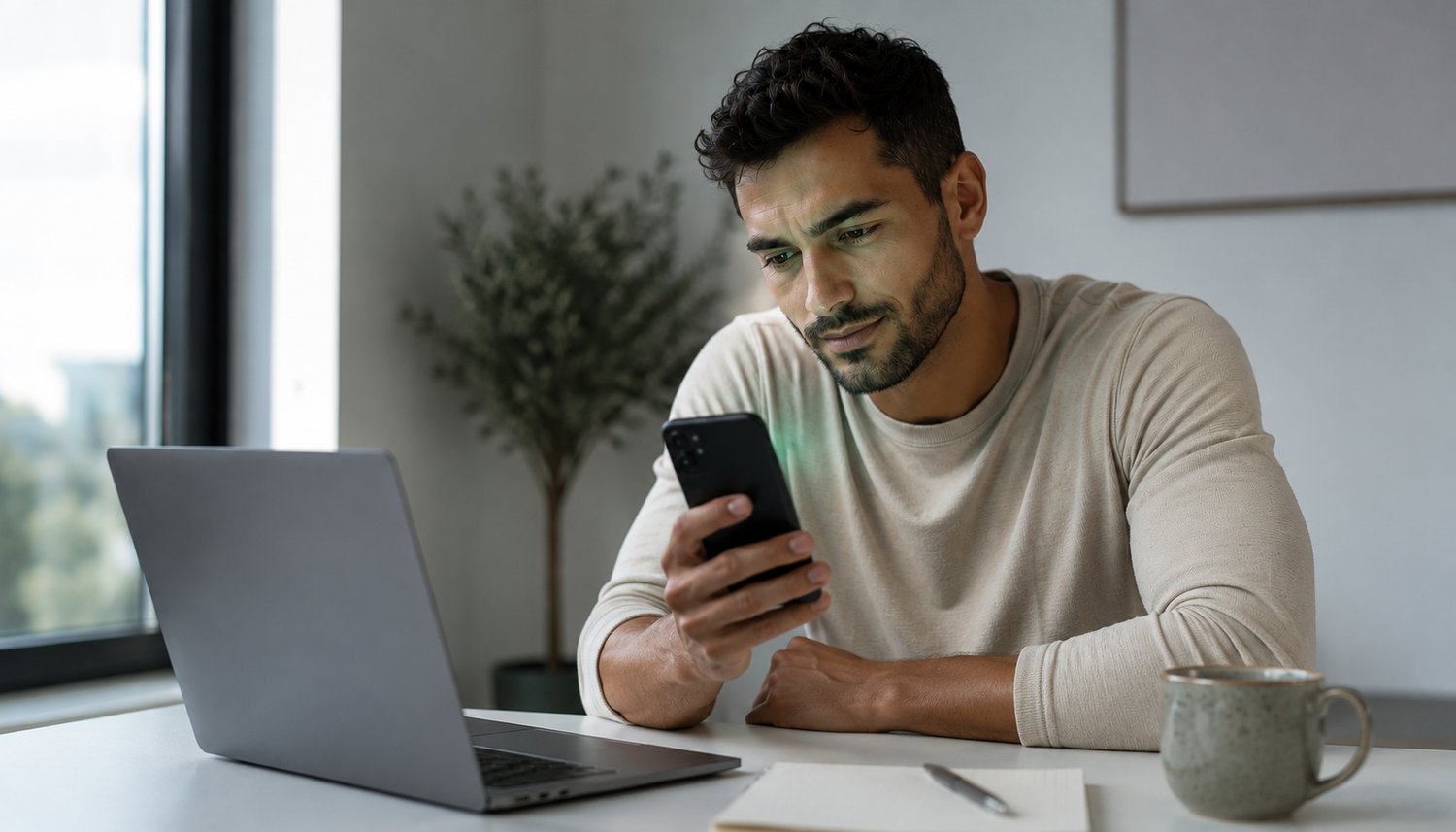 Fitness coach at desk checking phone —  online coaching burnout and client check-in system