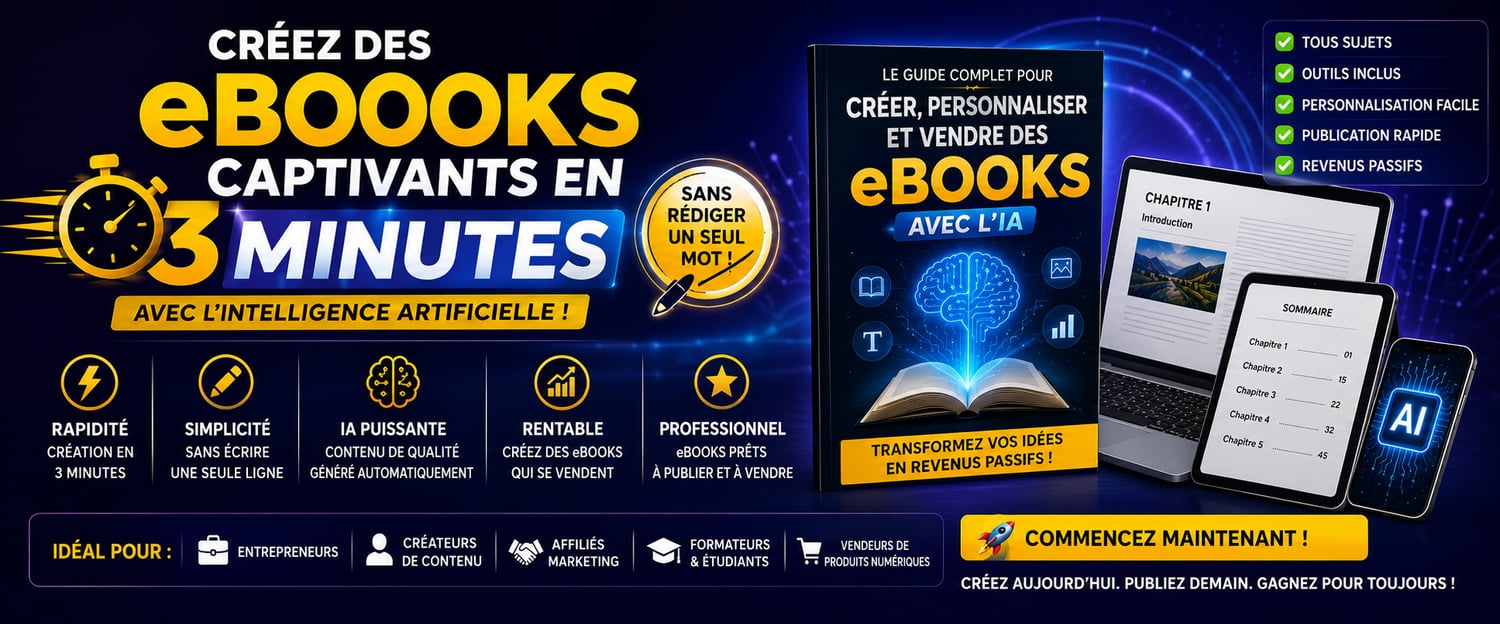 Couverture du guide complet pour créer des eBooks captivants avec l'Intelligence Artificielle en 3 minutes, vendre des produits numériques et générer des revenus en ligne.
