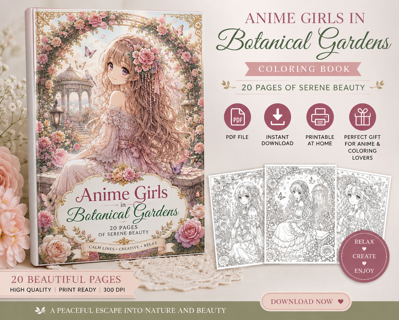 Botanical anime coloring book with 20 printable pages in A4 and US Letter PDF format.