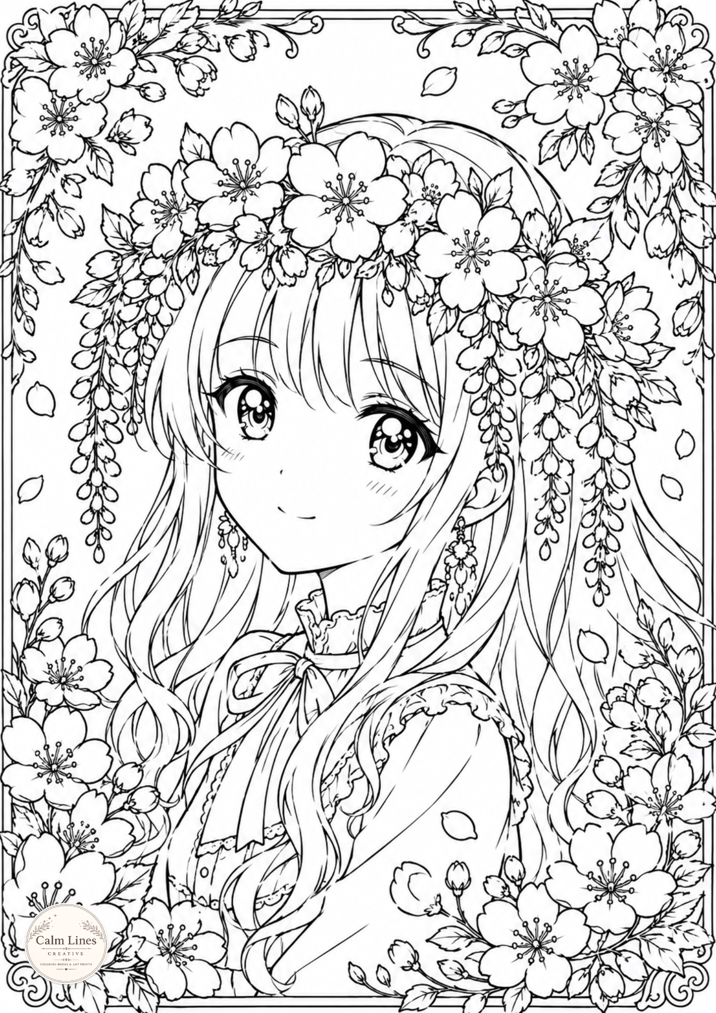 Floral anime girl coloring page with botanical flowers and intricate details.