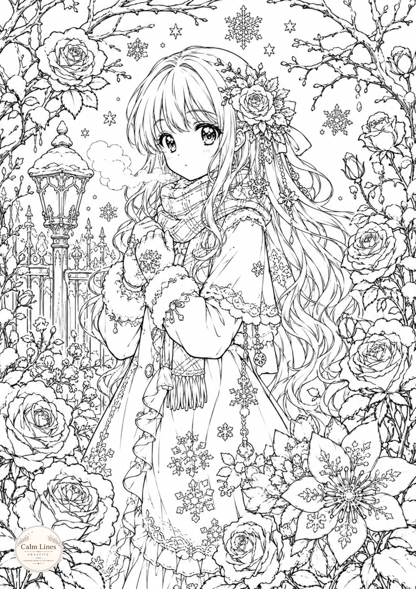 Detailed botanical anime coloring page featuring a girl surrounded by flowers.