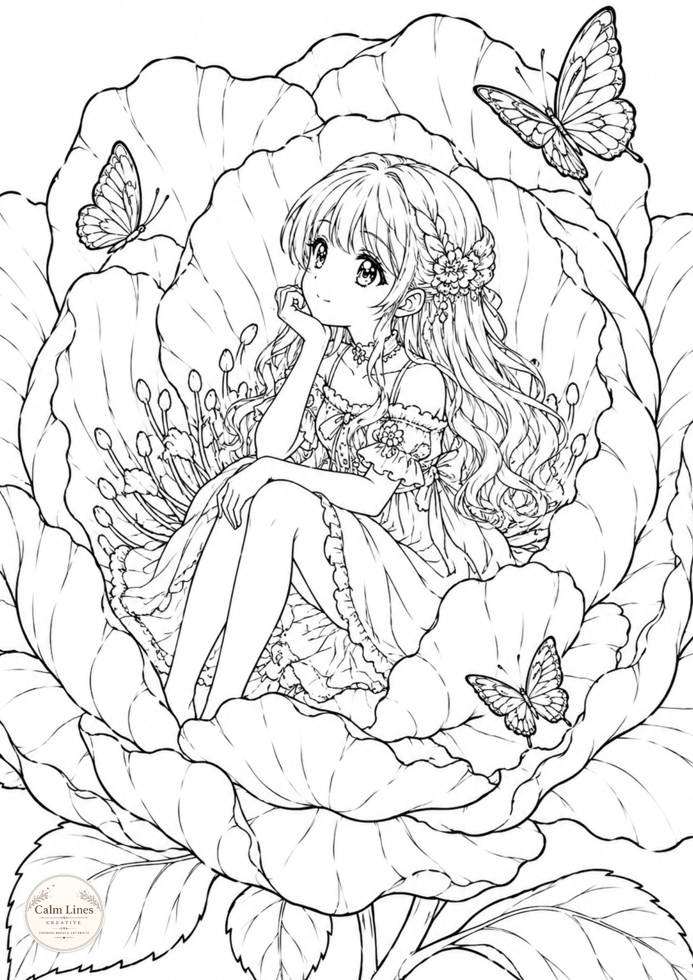 Anime girl sitting inside a blooming flower printable coloring page.