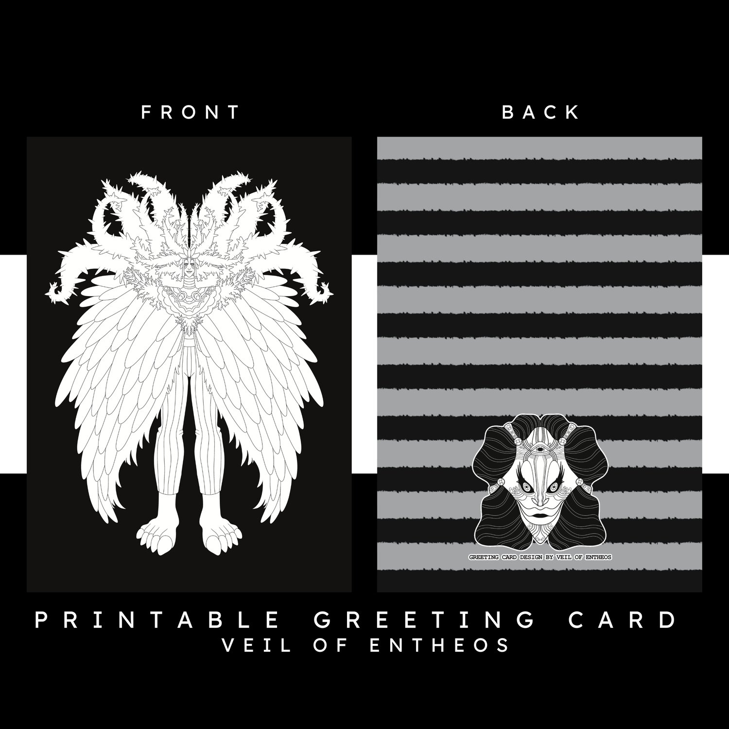 A printable greeting card by Veil of Entheos that features a strange spirit creature, wearing a feather outfit, and has large thorn horns in its headpiece, also thorn vines coming out of its back.