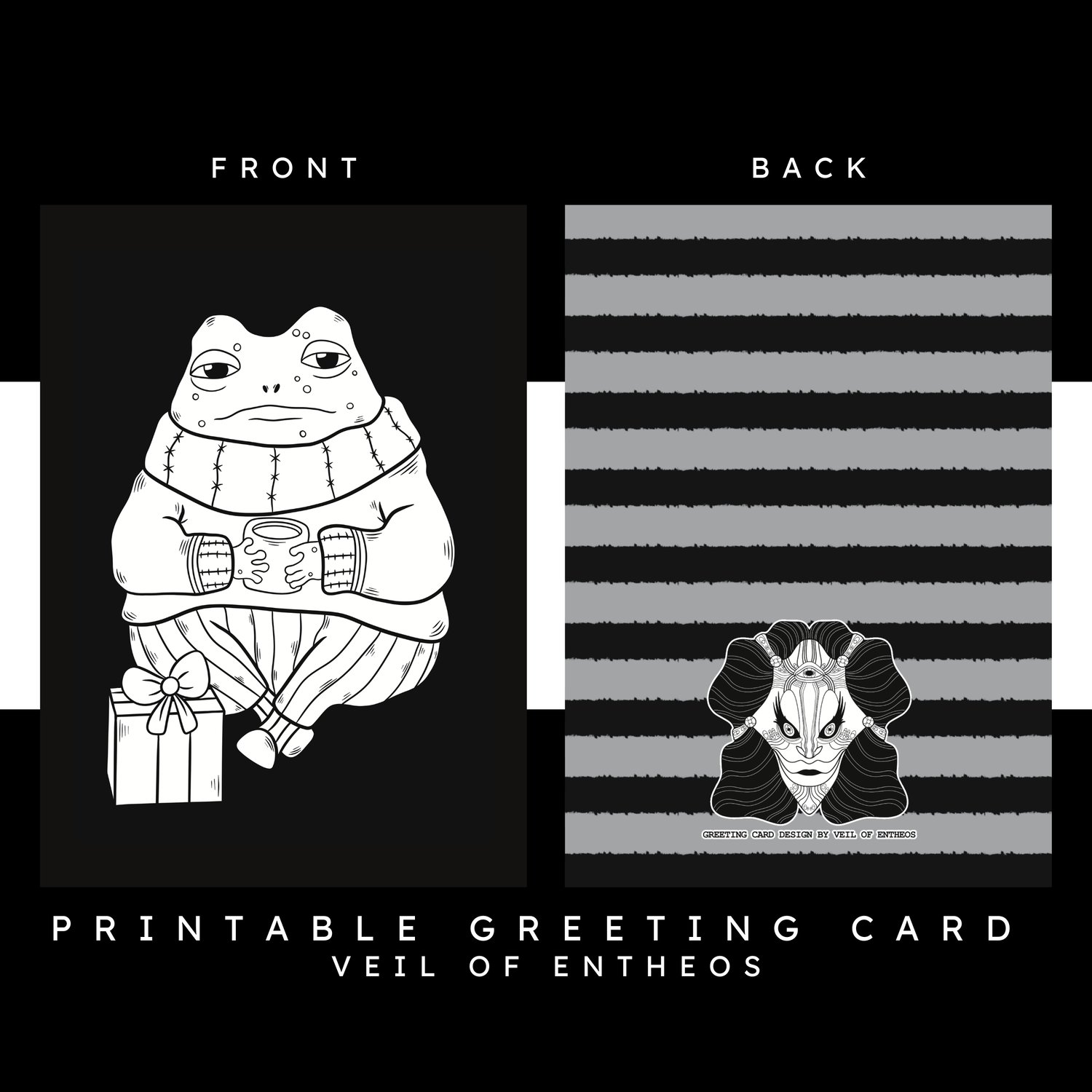 A printable greeting card by Veil of Entheos that features a frog wearing a sweather and pants, that is sitting and holding a cup of tea. There is a christmas present in front of the frog.