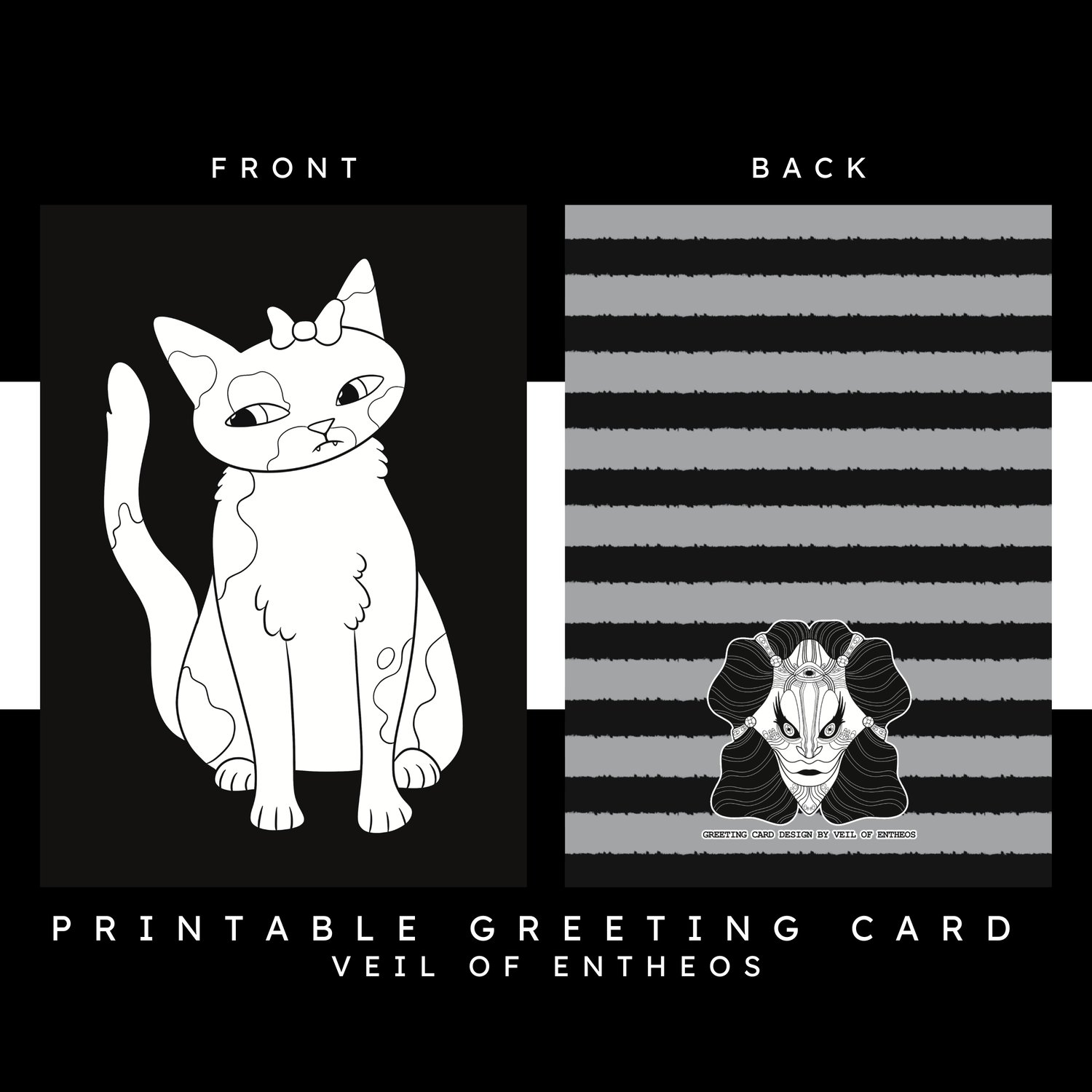 A printable greeting card by Veil of Entheos that features a cat that is wearing a small bow on its head. The cat is looking to the side, looking moody.