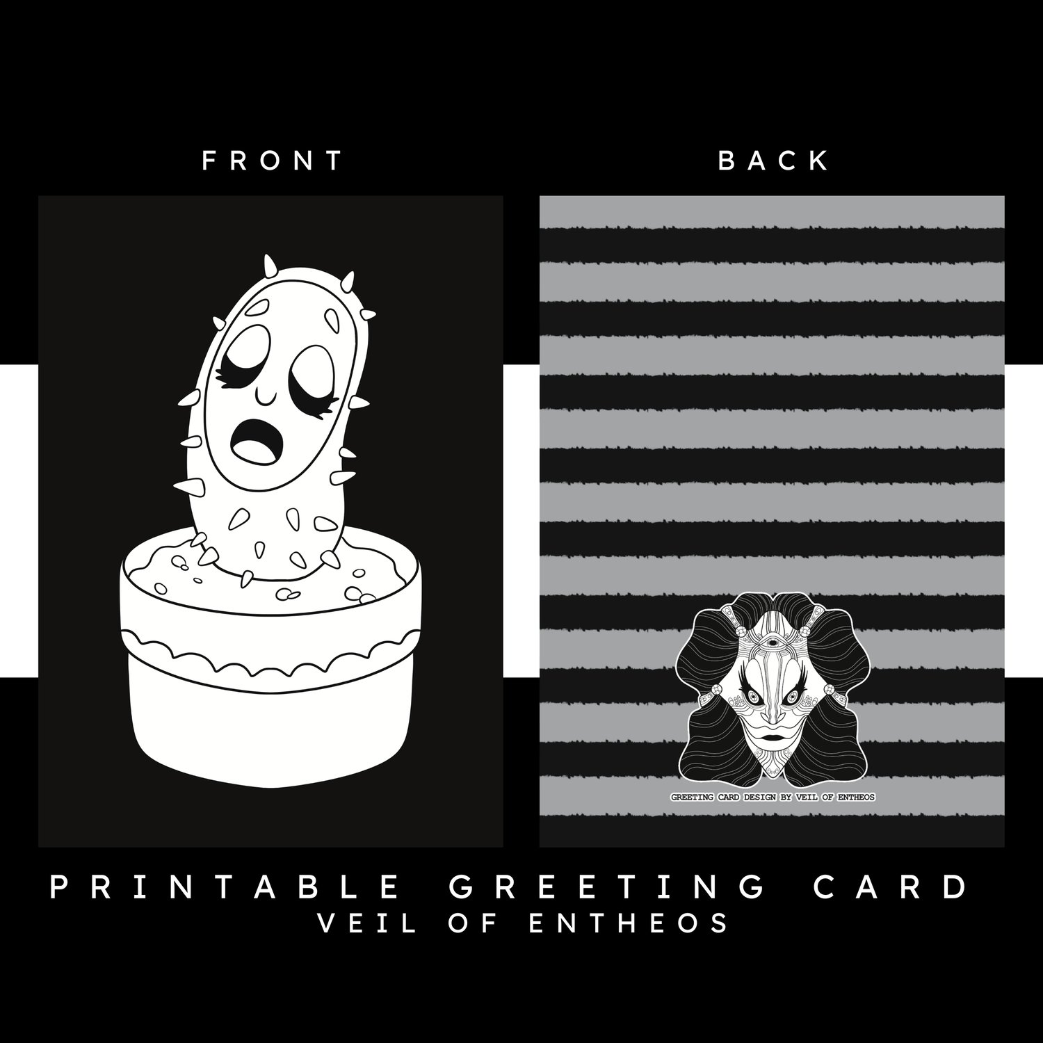 A printable greeting card by Veil of Entheos that features a cactus that is singing as it lives its life in a pot.