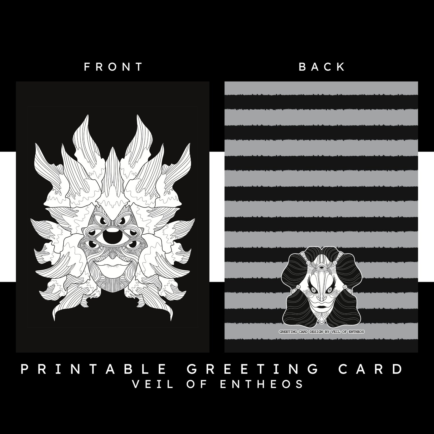 A printable greeting card by Veil of Entheos that features a the face of a creature with seven eyes.