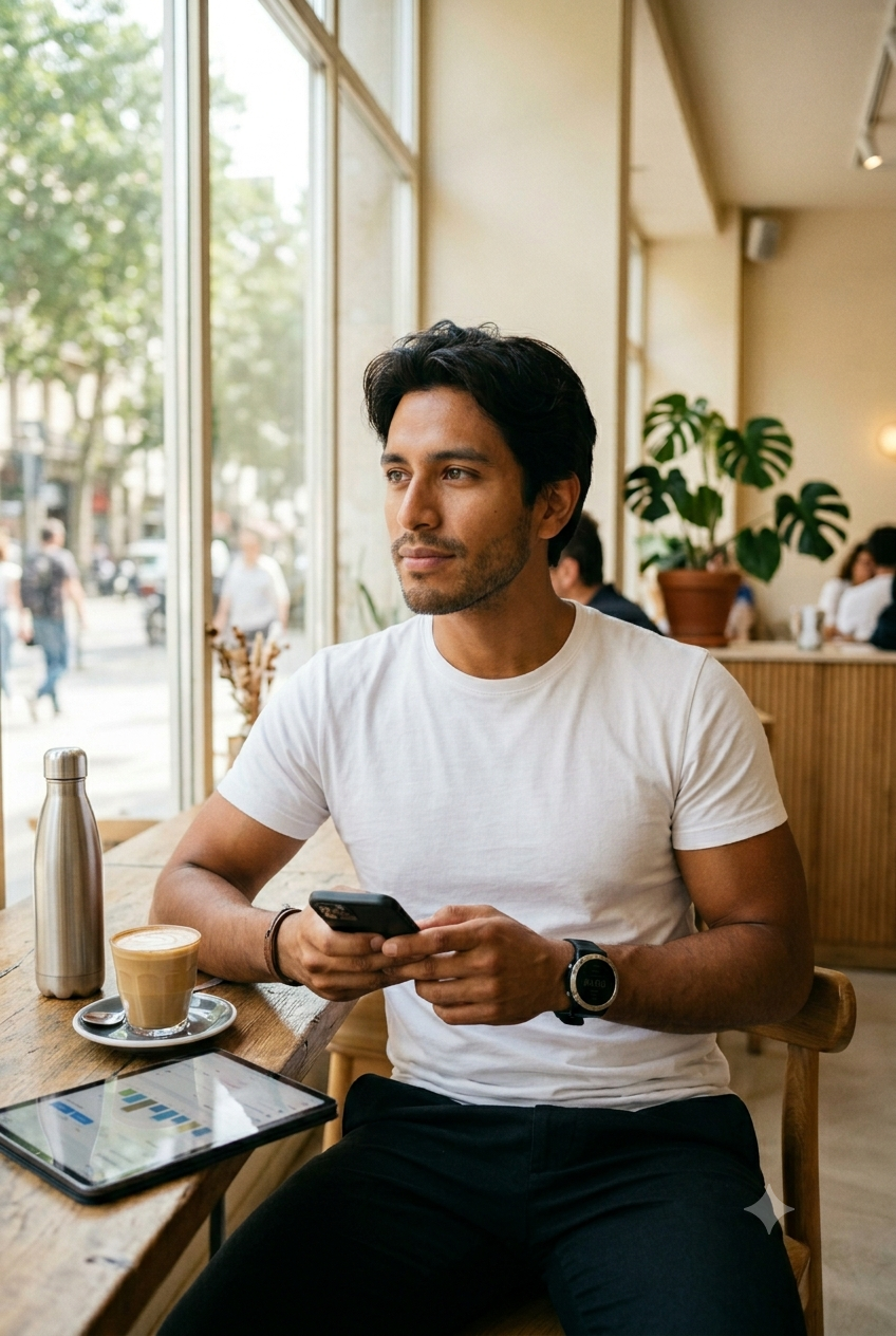 Fitness coach at a café checking his phone —  3 free DM scripts for online fitness coaches  to start more client conversations