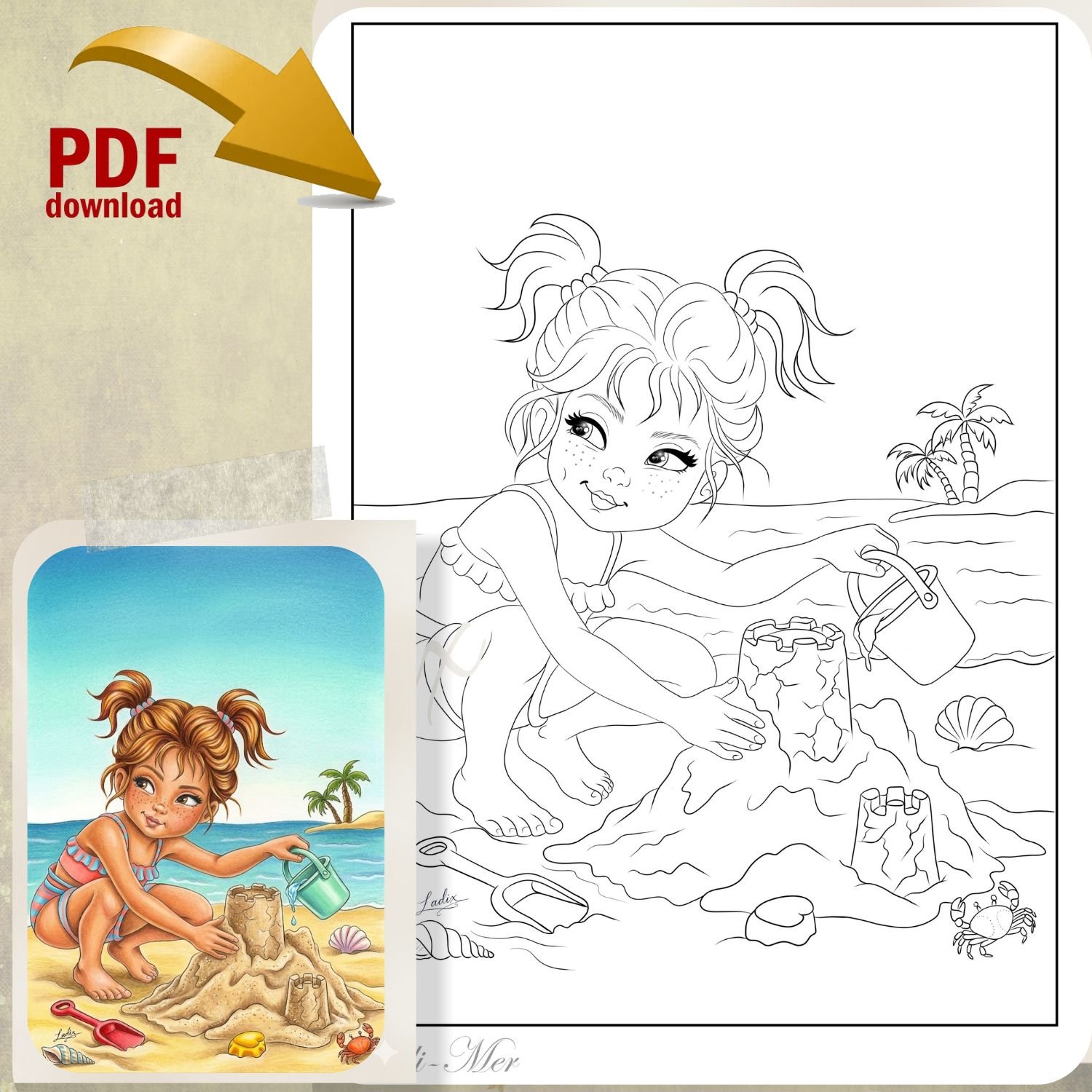Coloriage plage, coloriage été, coloriage fille, coloriage château de sable, illustration enfant, dessin à colorier PDF, coloriage imprimable, coloriage mer, coloriage vacances, coloriage mignon, coloriage facile, coloriage original.