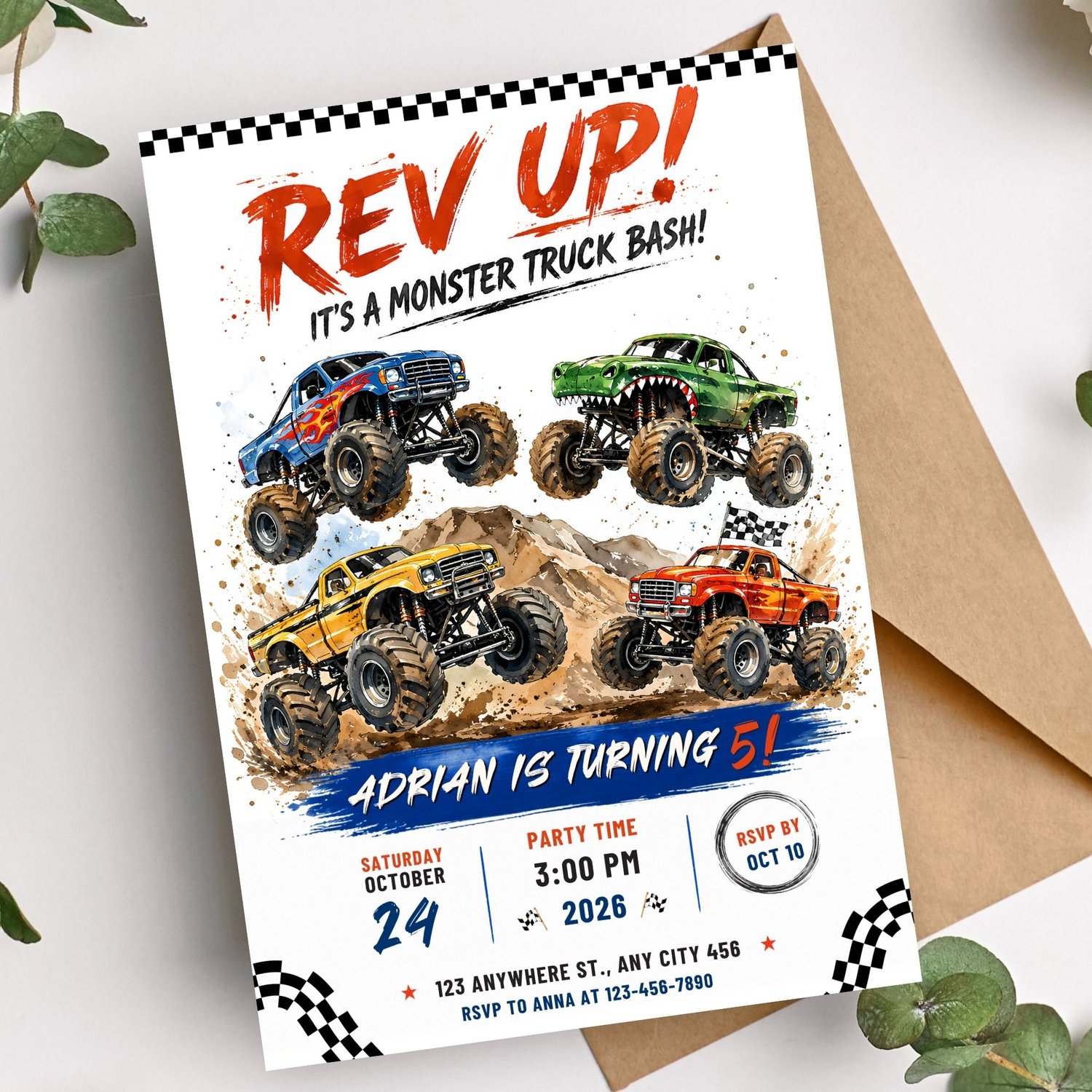 Monster truck themed birthday invitation for kids party, editable and printable invite design for truck lover birthday celebration event.