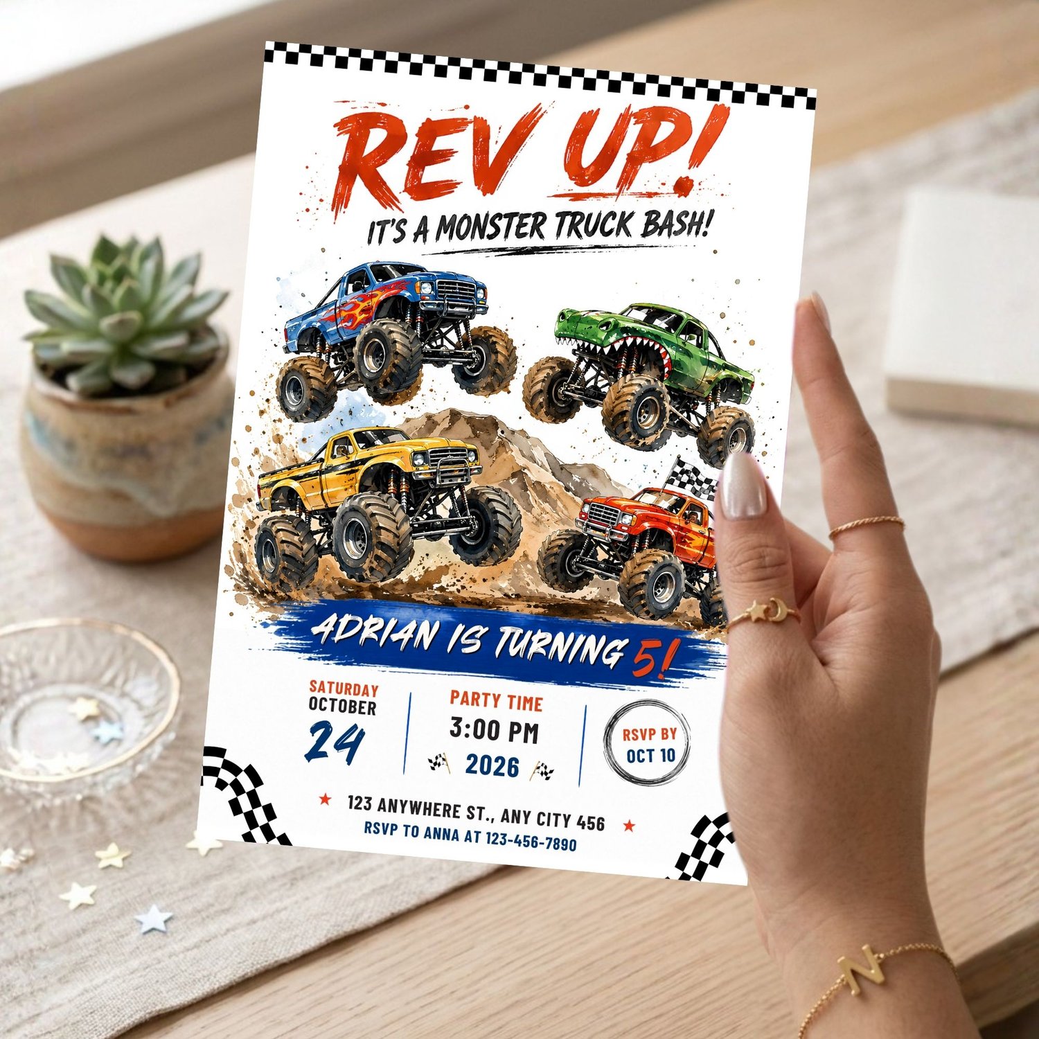 Printable Monster Truck birthday invitation template with instant download digital file for boys truck themed birthday party celebration.