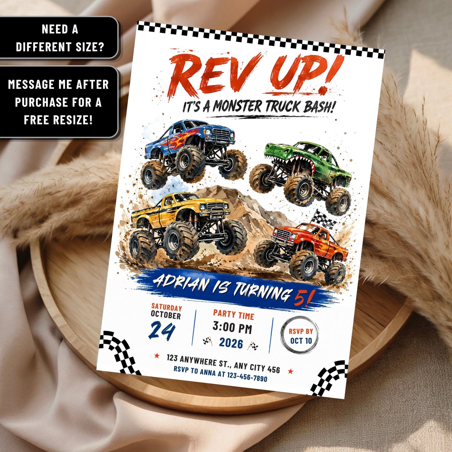 Editable Monster Truck birthday party invite template designed for Canva, perfect for customizing kids birthday invitations quickly and easily.