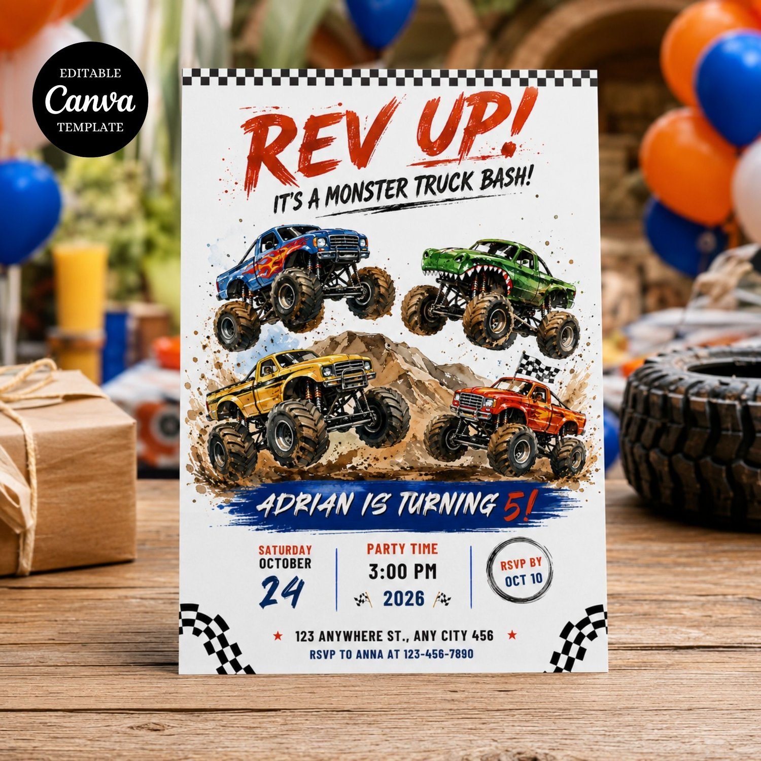 Monster truck birthday invitation template editable in Canva featuring a bold truck theme design for boys birthday party invitation instant download.
