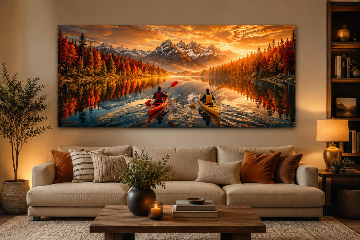 Large panoramic mountain lake wall art displayed above a sofa in a warm modern living room.