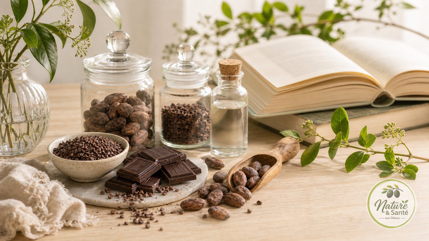 Chocolat noir, cacao, livre ouvert et verrerie d’apothicaire dans une scène claire dédiée aux précautions naturelles.