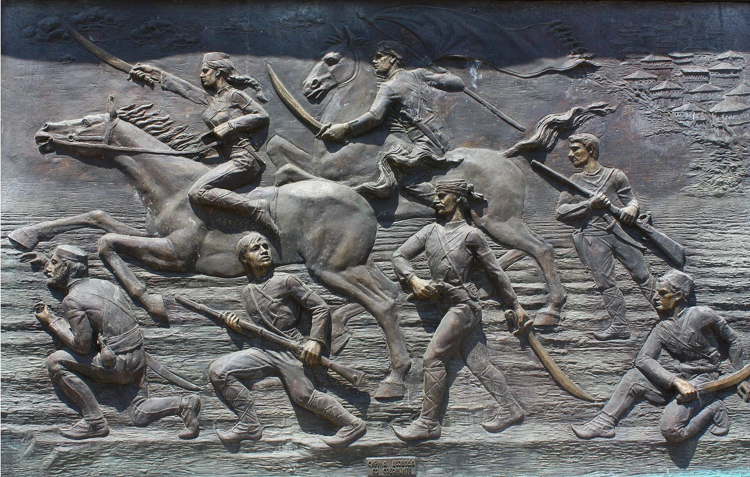 Барелеф със Сирма войвода и четата ѝ, част от скулпторите с лъвове в Скопие