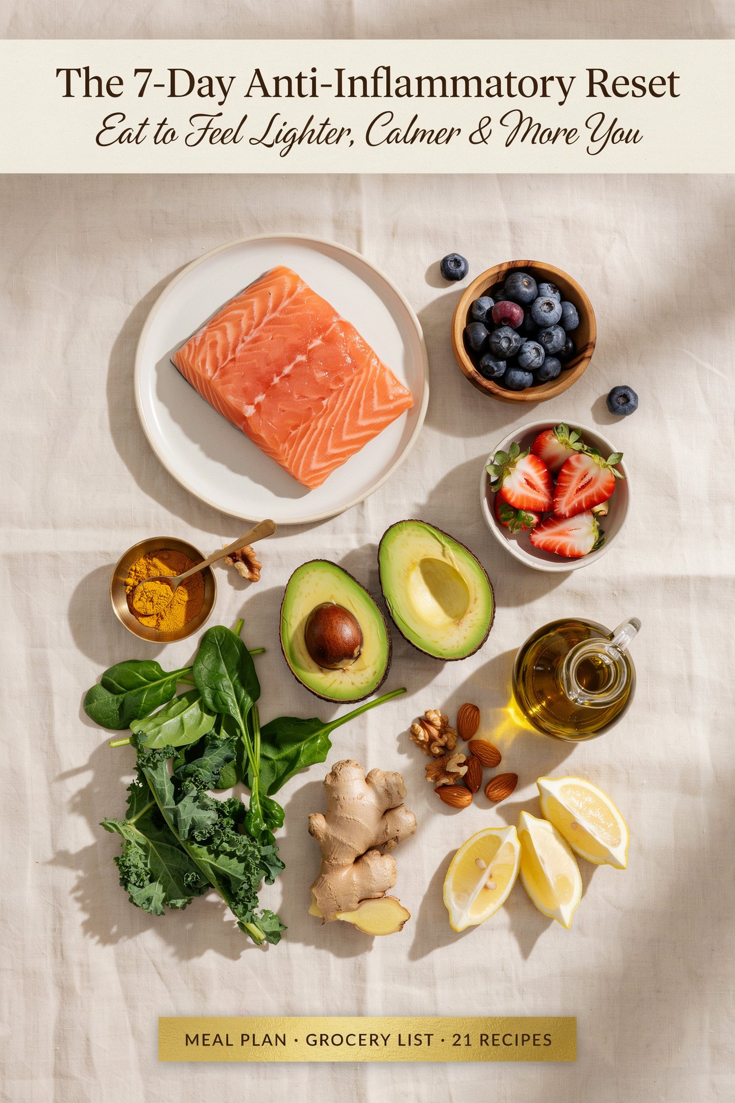The 7-Day Anti-Inflammatory Starter — A Gentle Reset to Beat the Bloat, Sleep Deeper & Feel Lighter (21 Recipes + Meal Plan)