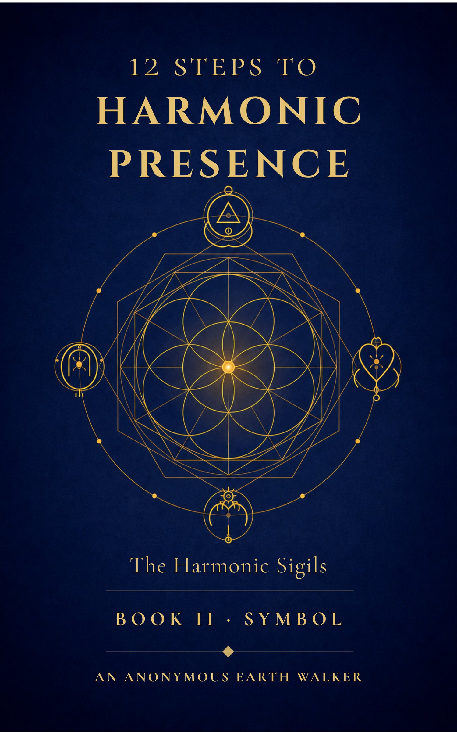 12 Steps to Harmonic Presence Book II, The Harmonic Sigils — sacred geometry devotional book cover in teal and gold by An Anonymous Earth Walker