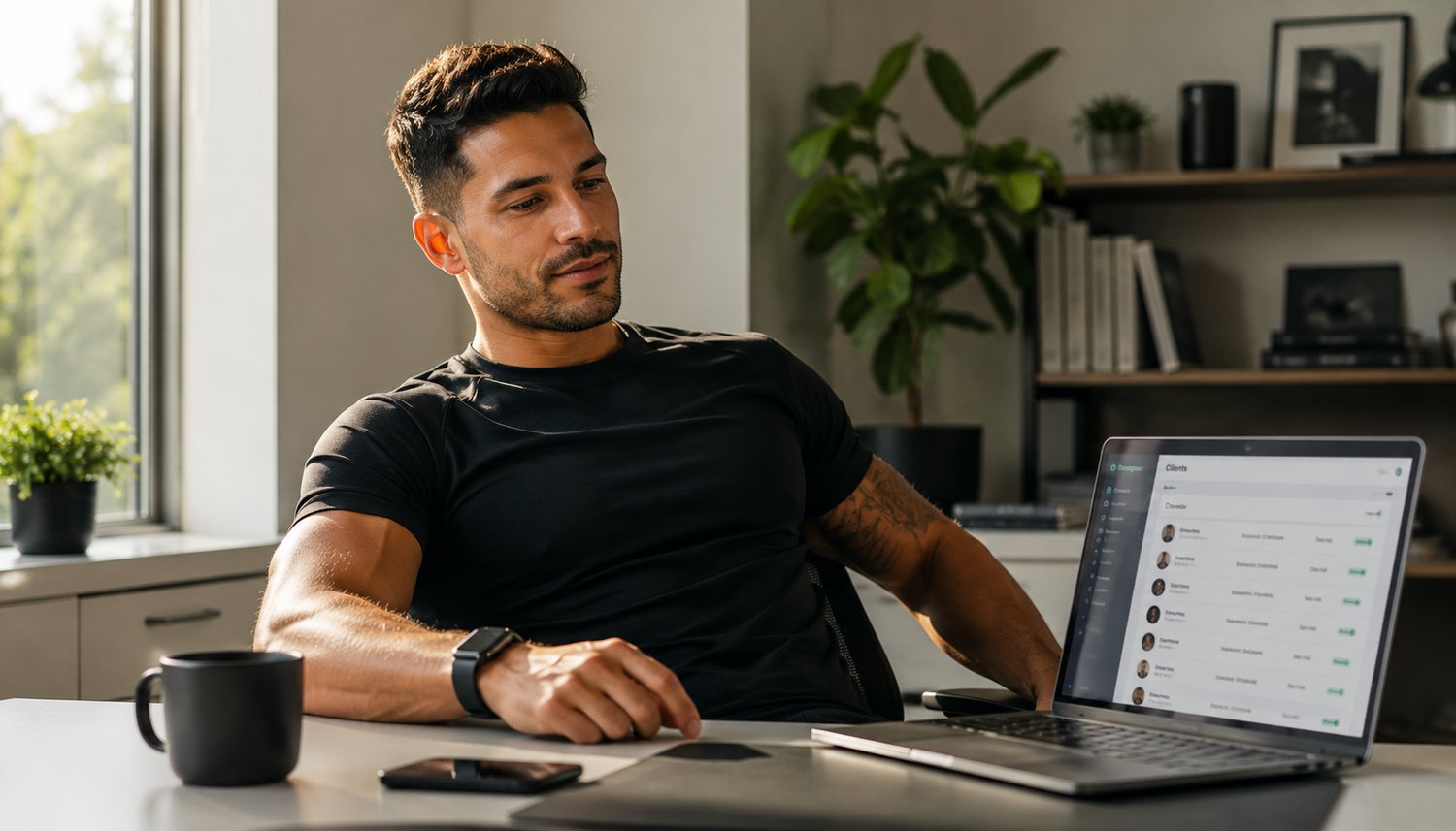 Online fitness coach calmly managing multiple clients at a desk with a laptop — client management system for personal trainers who want to scale without burning out