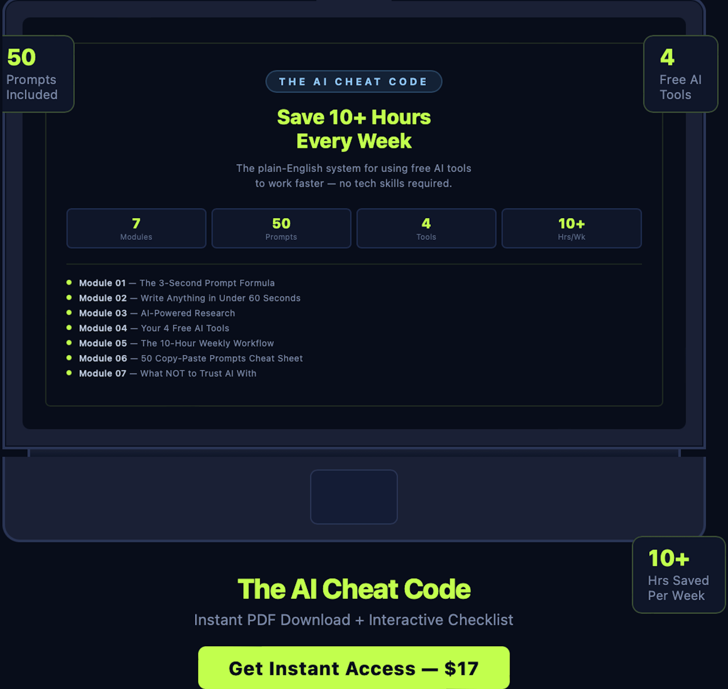 The AI Cheat Code digital guide shown on a laptop screen — a 7-module PDF system for using free AI tools to save 10+ hours every week