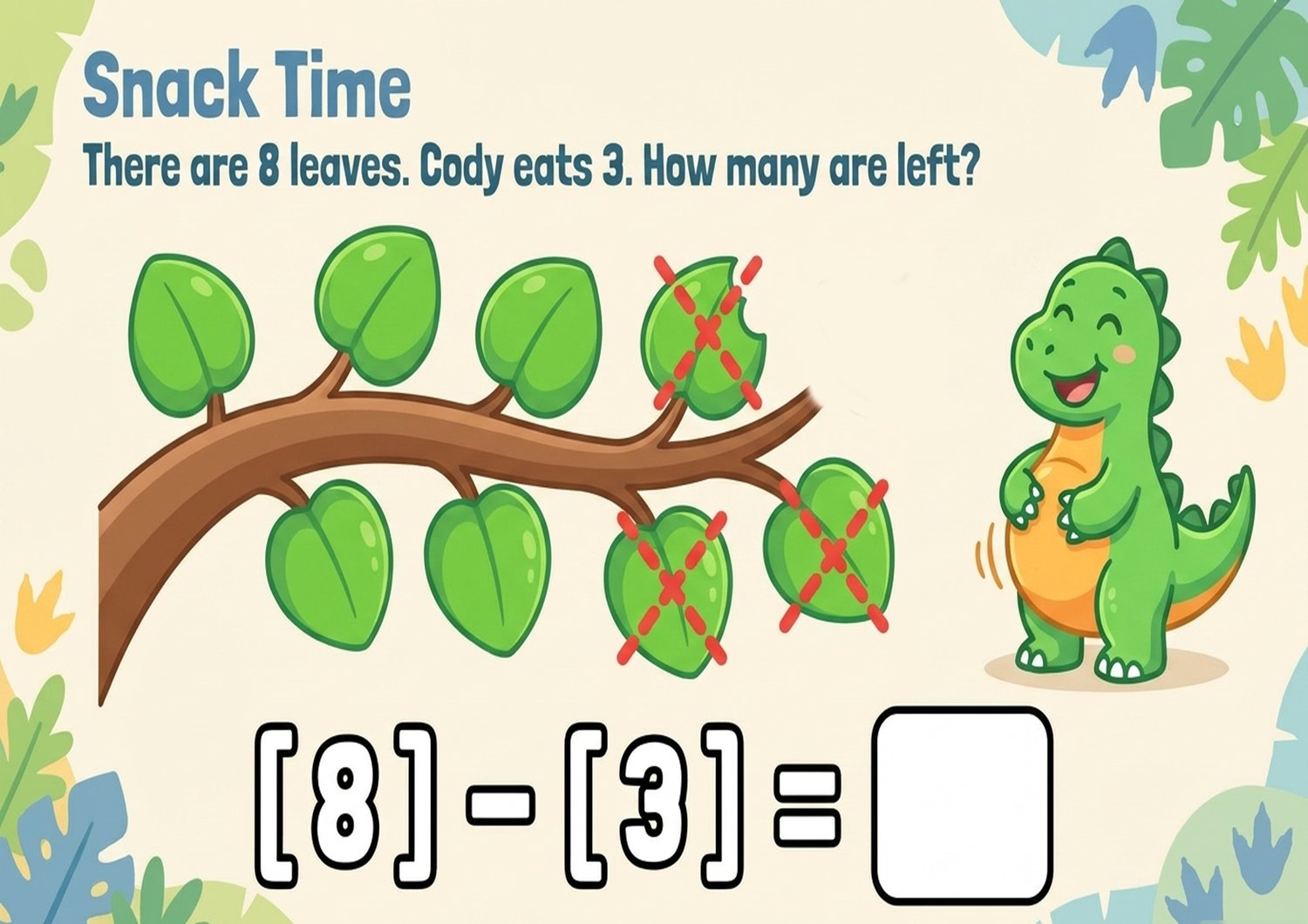 displays a vibrant digital product cover titled "Cody's Summer Math Adventure! Learn, Practice, Explore". It features a cheerful green dinosaur wearing a blue visor and carrying a giant yellow pencil. The text highlights "16 Fun & Engaging Worksheets" for