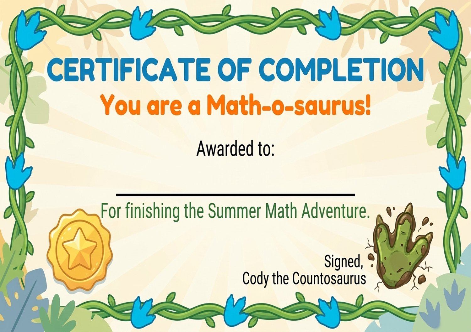 displays a vibrant digital product cover titled "Cody's Summer Math Adventure! Learn, Practice, Explore". It features a cheerful green dinosaur wearing a blue visor and carrying a giant yellow pencil. The text highlights "16 Fun & Engaging Worksheets" for